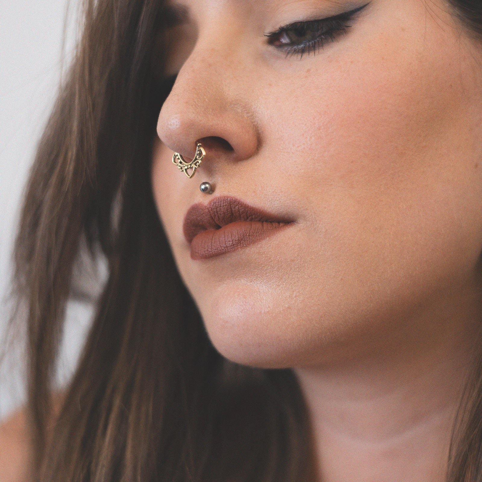 Heart Flower Brass Seamless Septum Ring Model Shot