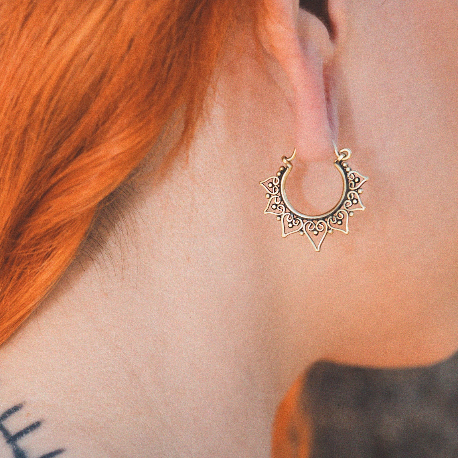 Hearts & Dots Tribal Brass Mini Plug Hoops Model Shot