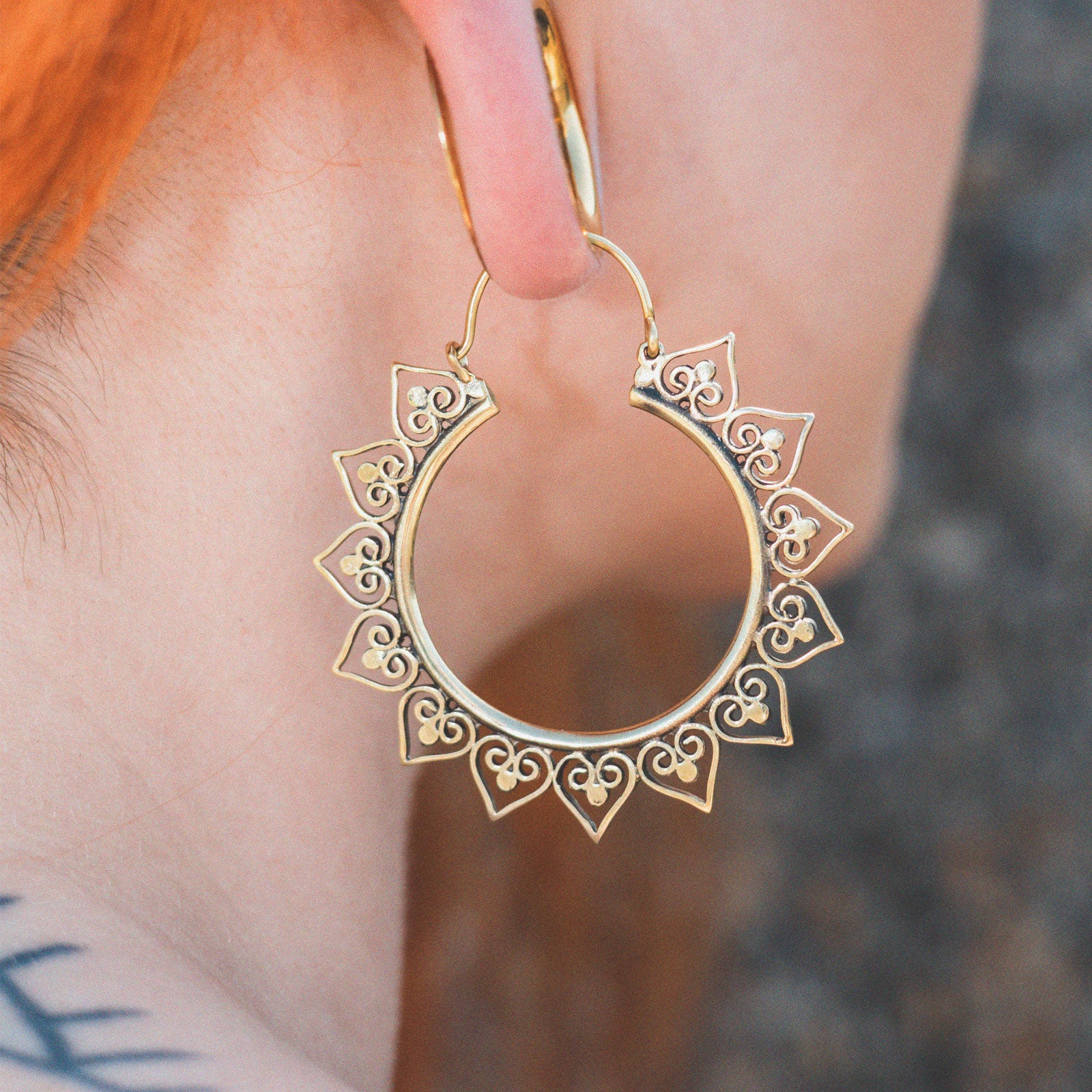 Hearts & Dots Tribal Brass Plug Hoops Model Shot