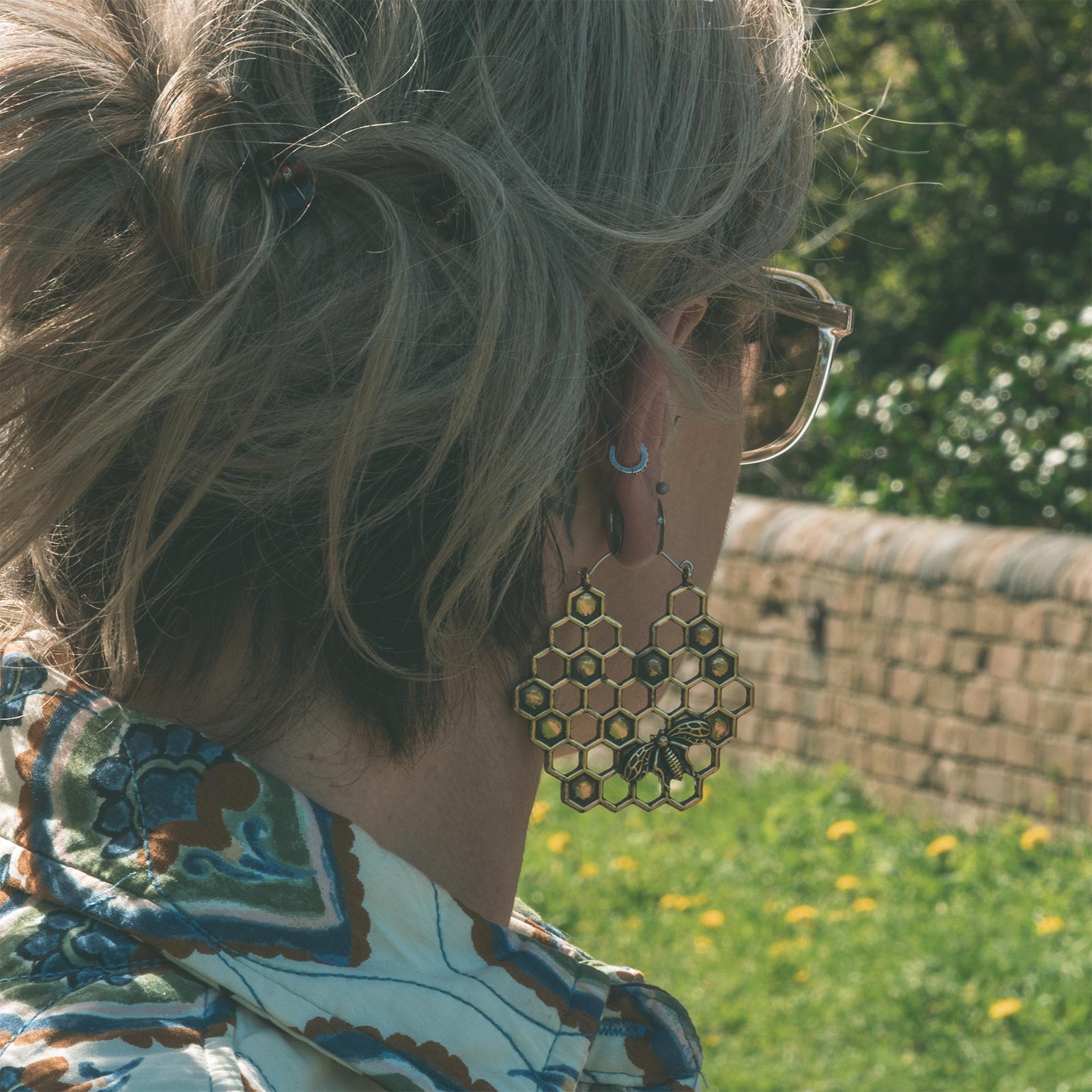 Honeycomb with Bee Brass Plated Plug Hoops Model Shot