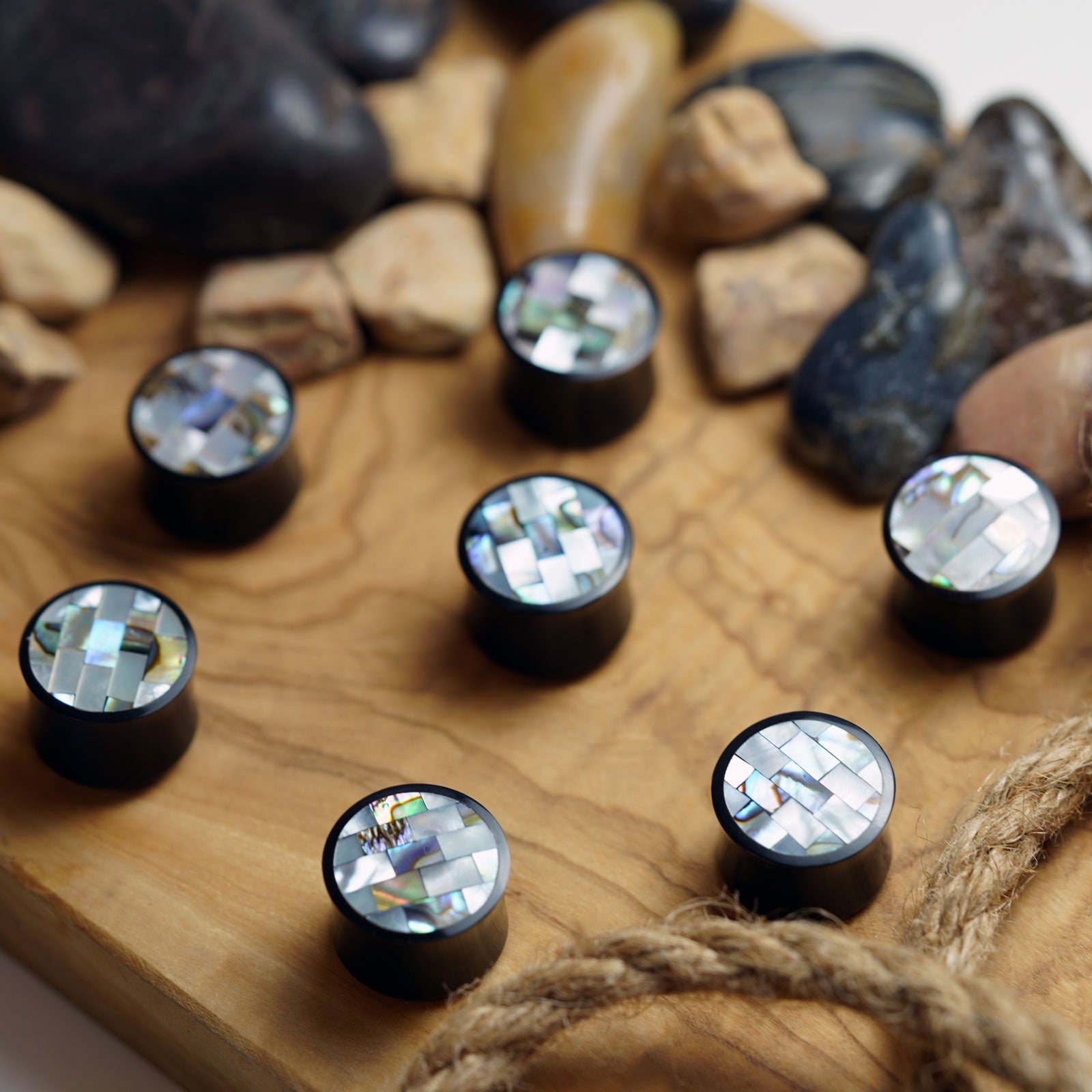 Horn Double Flare Plug With Shell Mosaic Inlay Group Shot