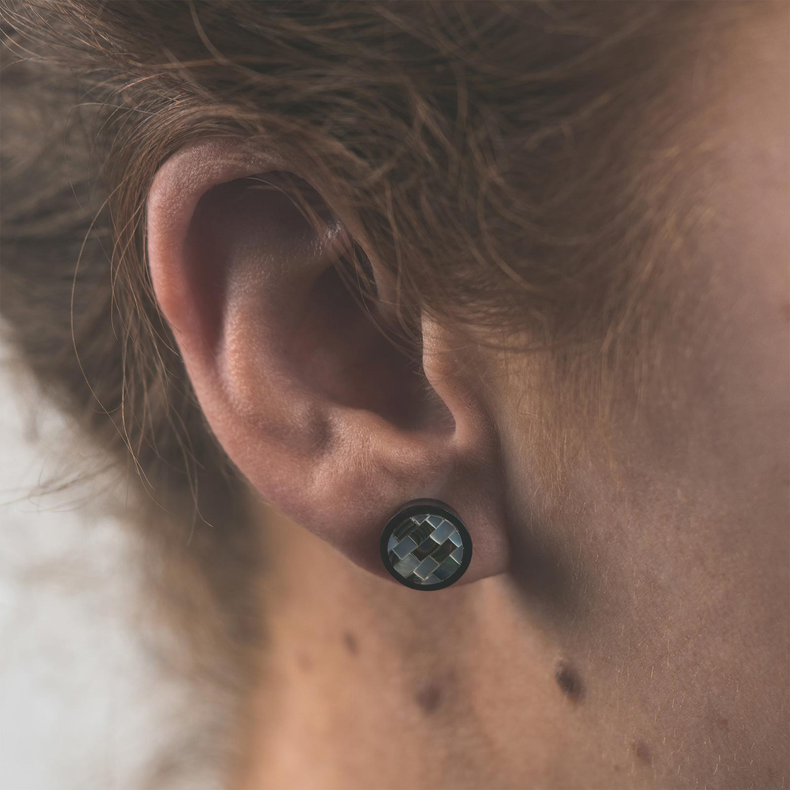 Horn Fake Gauge Plug With Abalone Shell & MOP Mosaic Inlay Model Shot