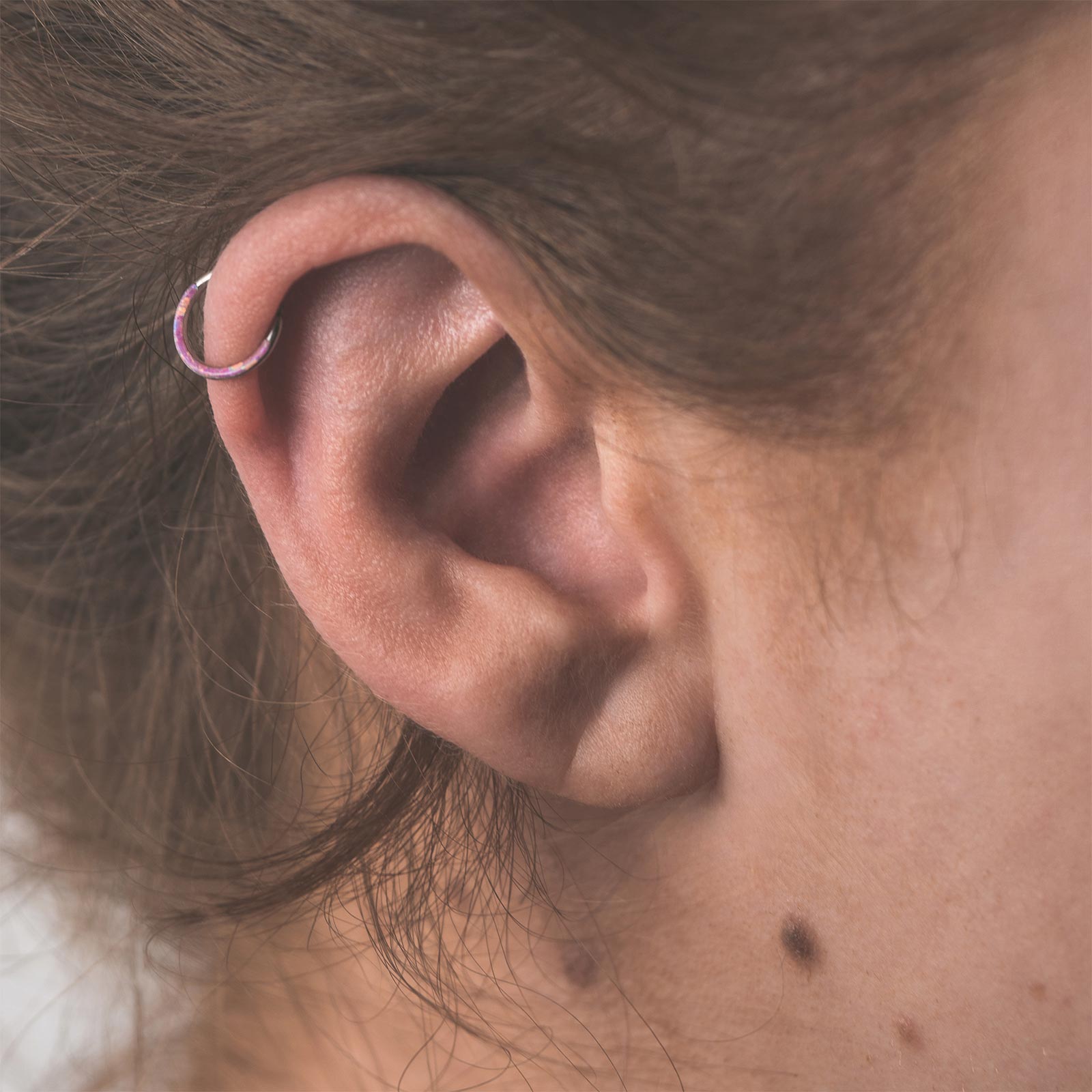 Inlaid Rose Pink Synth Opal Titanium Earring Model Shot