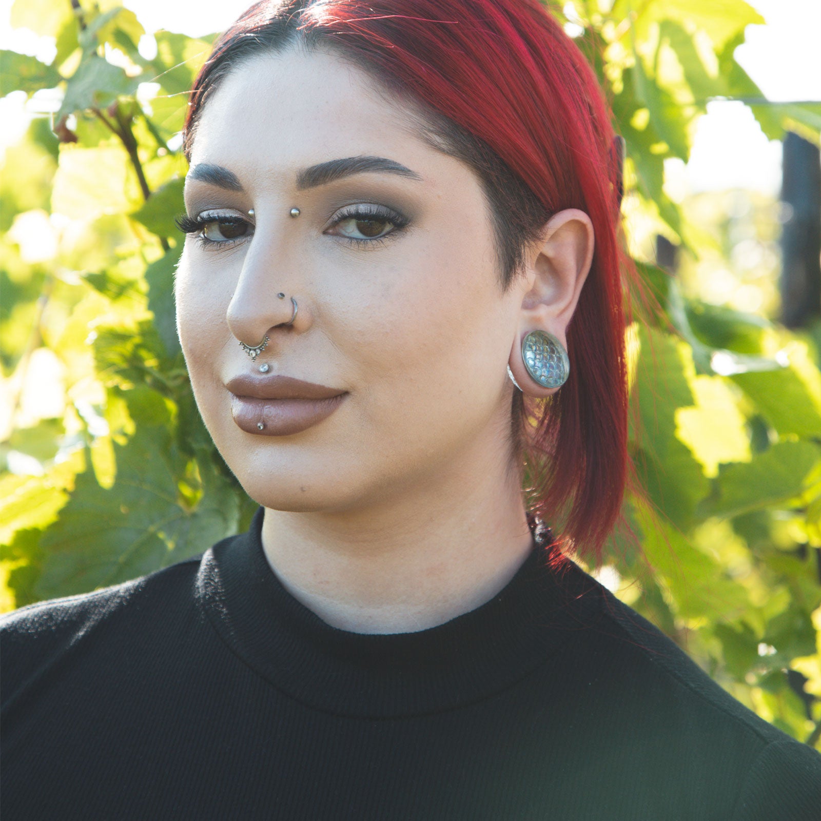 Iridescent Mermaid Scale Glass Double Flare Convex Plug Model Shot