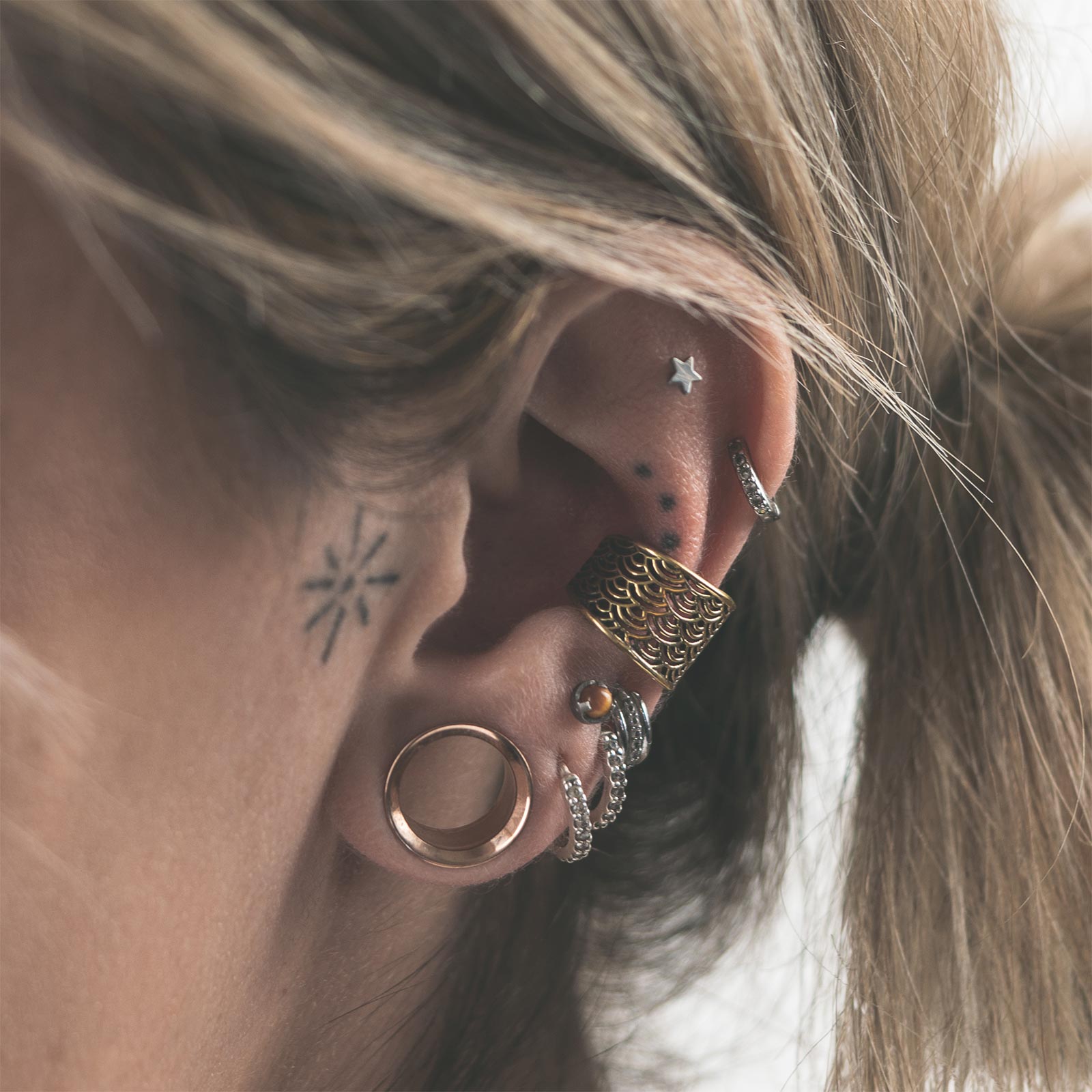 Japanese Wave Brass Ear Cuff Model Shot