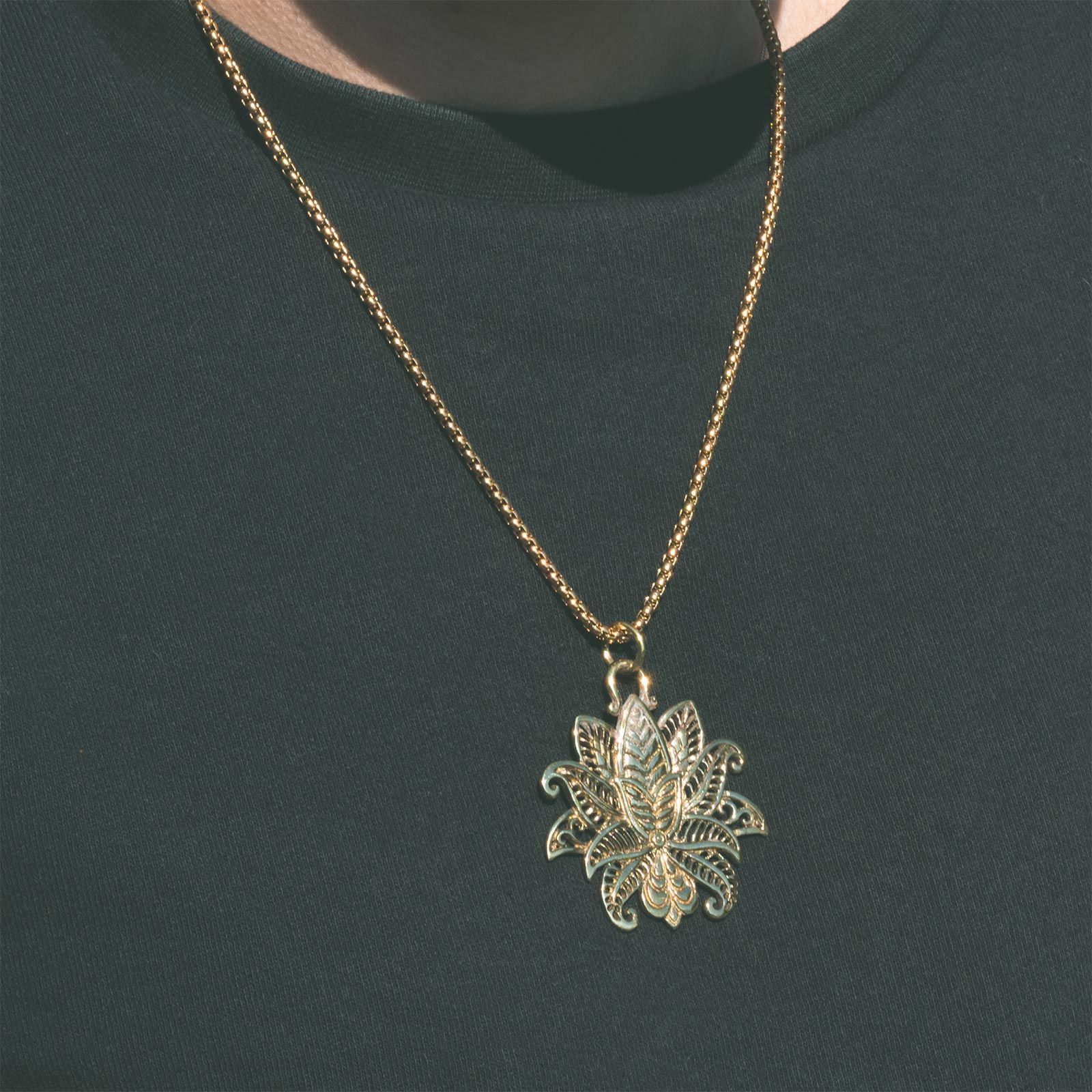 Lotus Flower Brass Pendant With 18k Gold Box Chain Model Shot