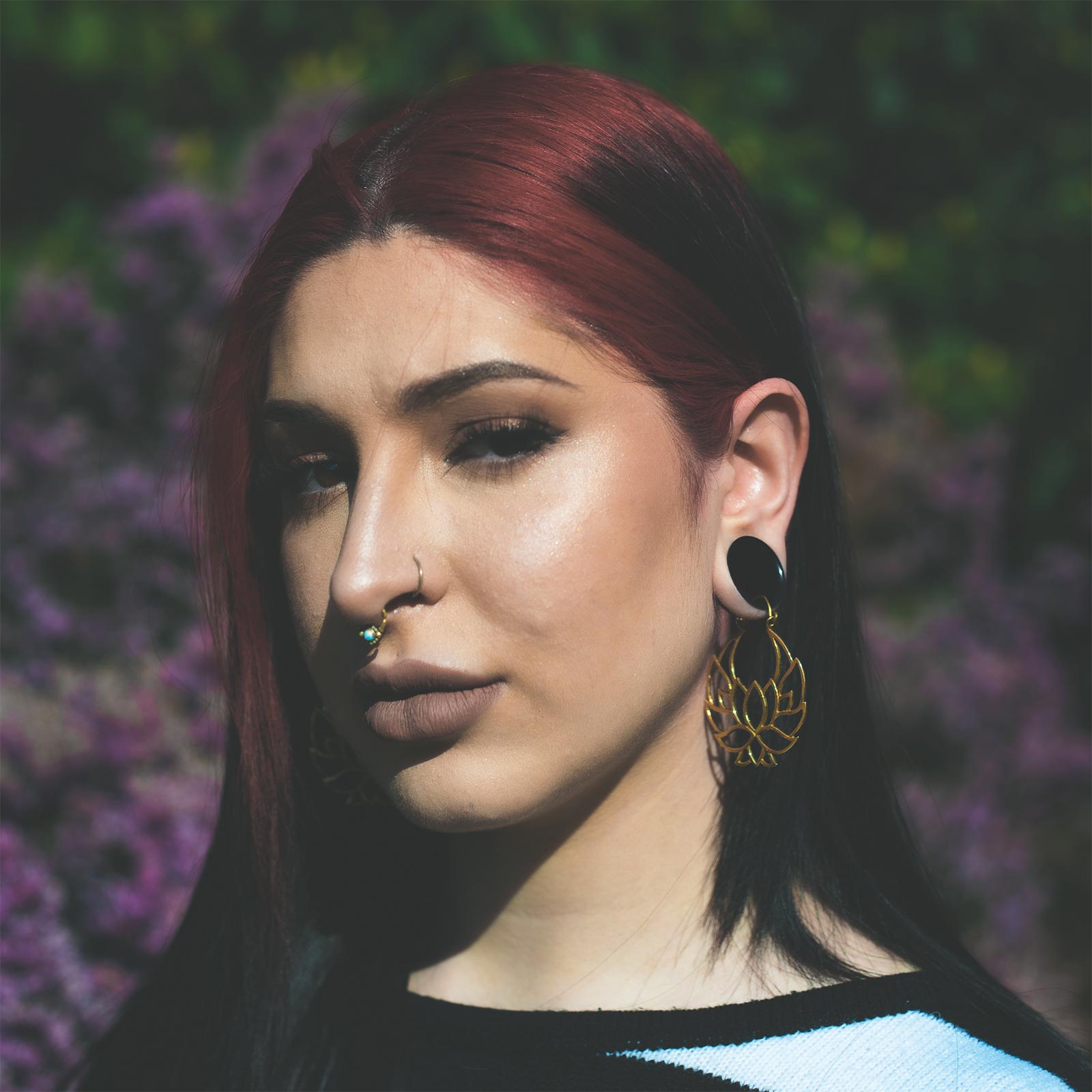 Lotus Flower Brass Plug Hoops Model Shot