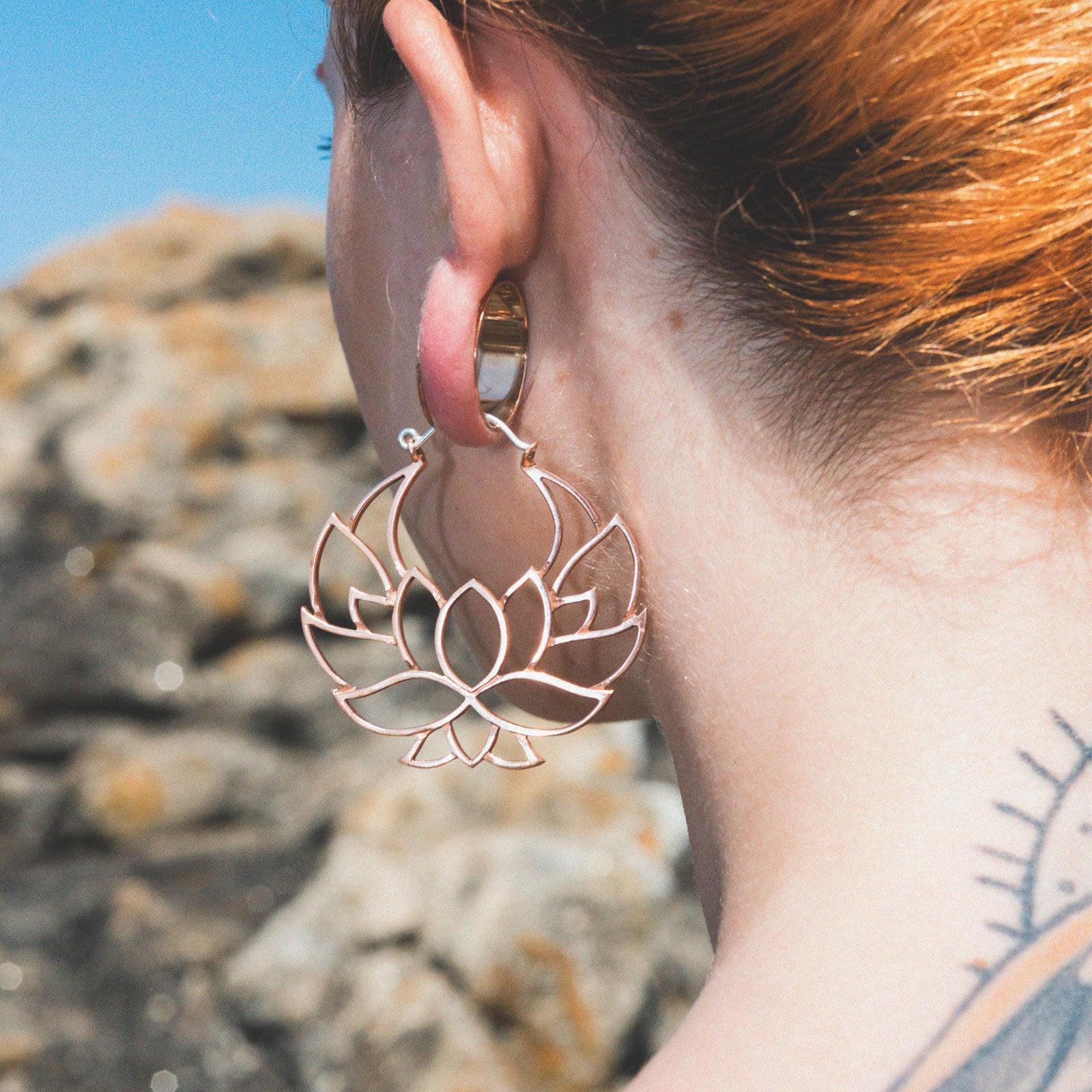 Lotus Flower Copper & Silver Plug Hoops Model Shot