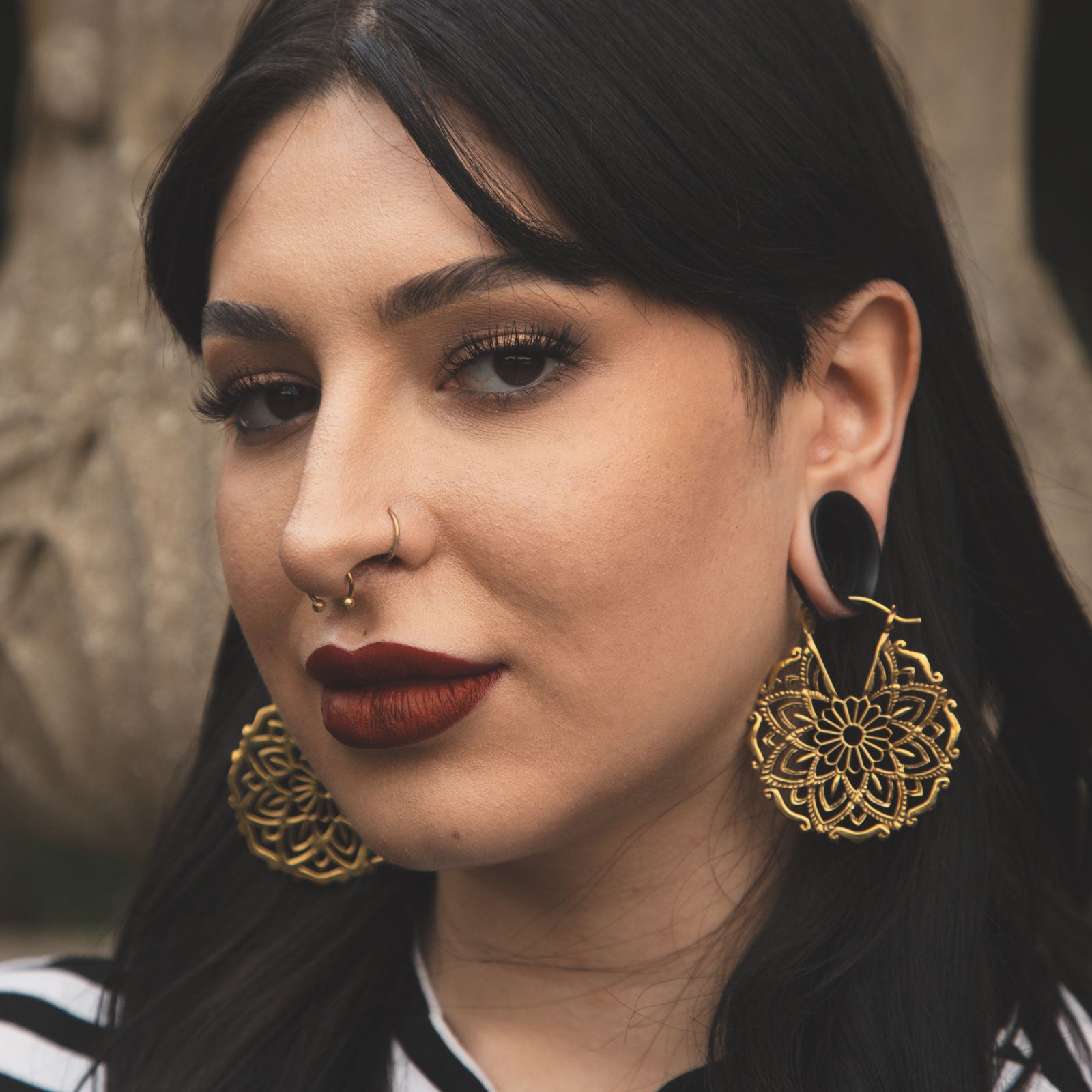 Mandala Brass Mini Plug Hoops Model Shot