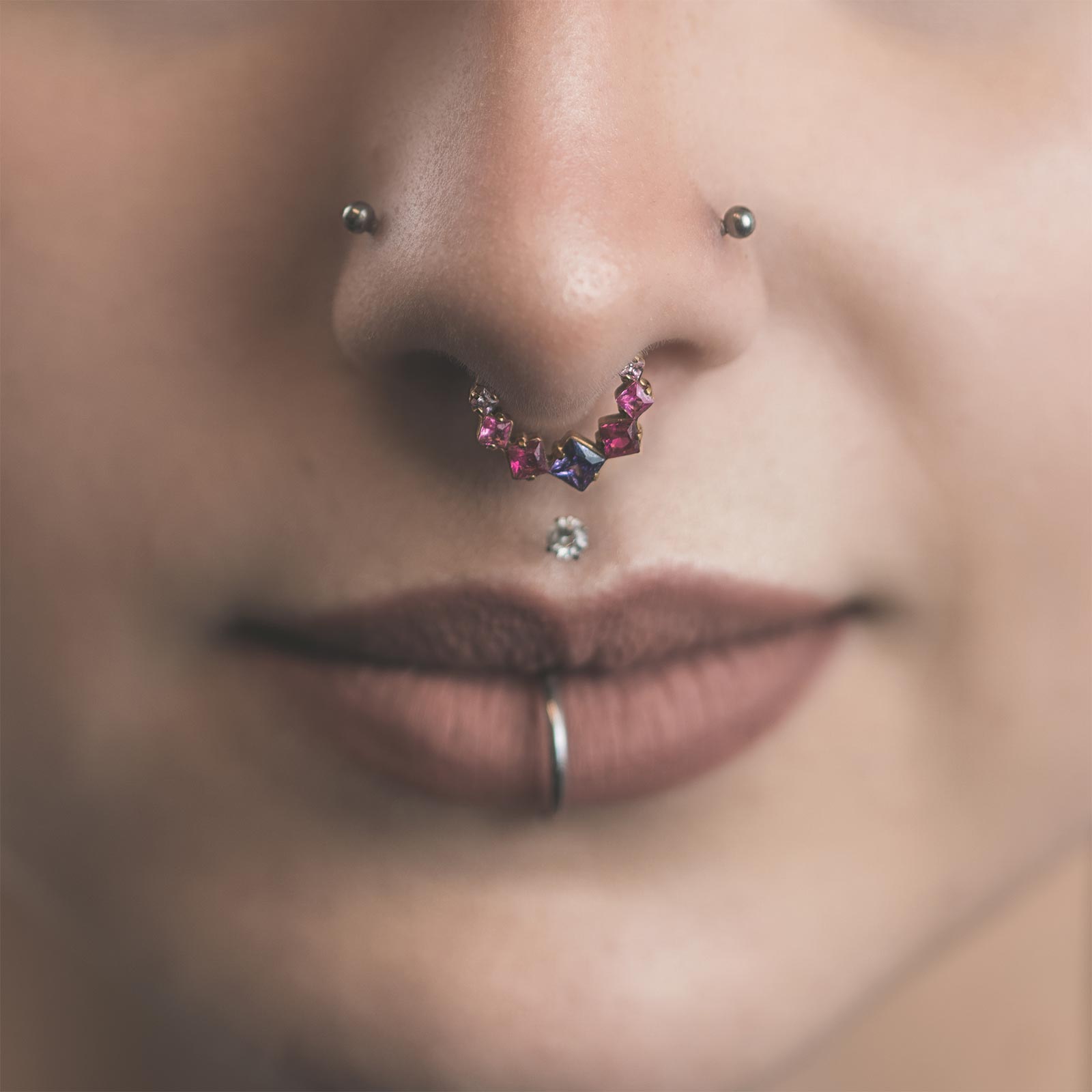 Mystic Bloom Gold PVD Titanium Septum Clicker Ring Model Shot