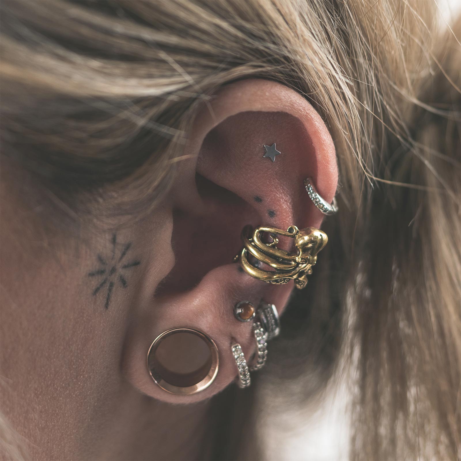 Octopus Brass Ear Cuff Model Shot Close Up