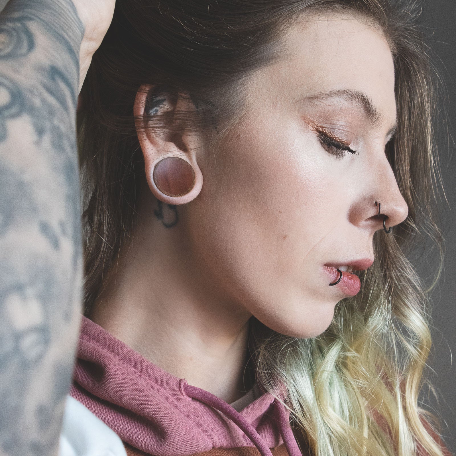 Olive Wood Double Flare Concave Plug With Saba Wood Inlay Model Shot