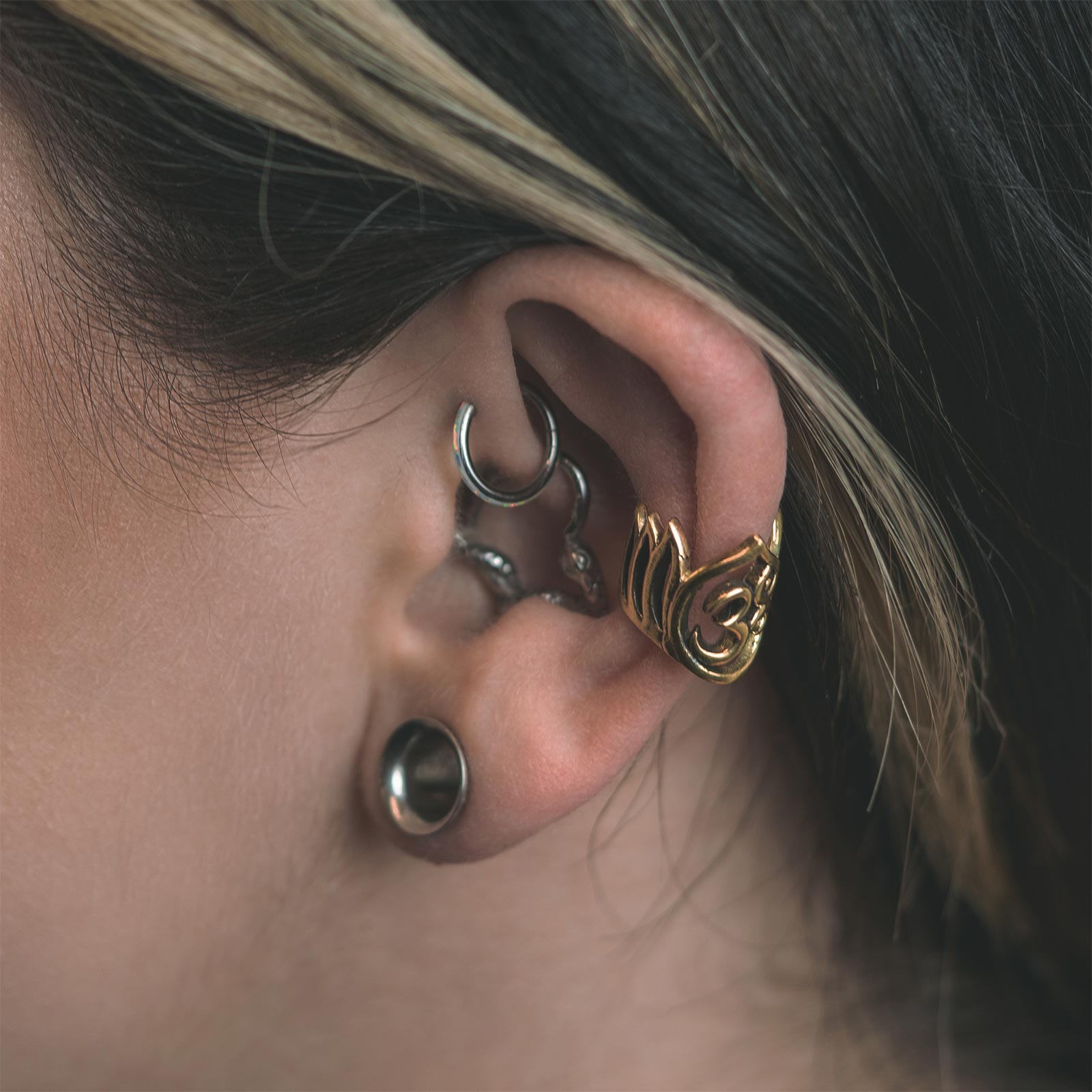 Om Mani Brass Ear Cuff Model Shot