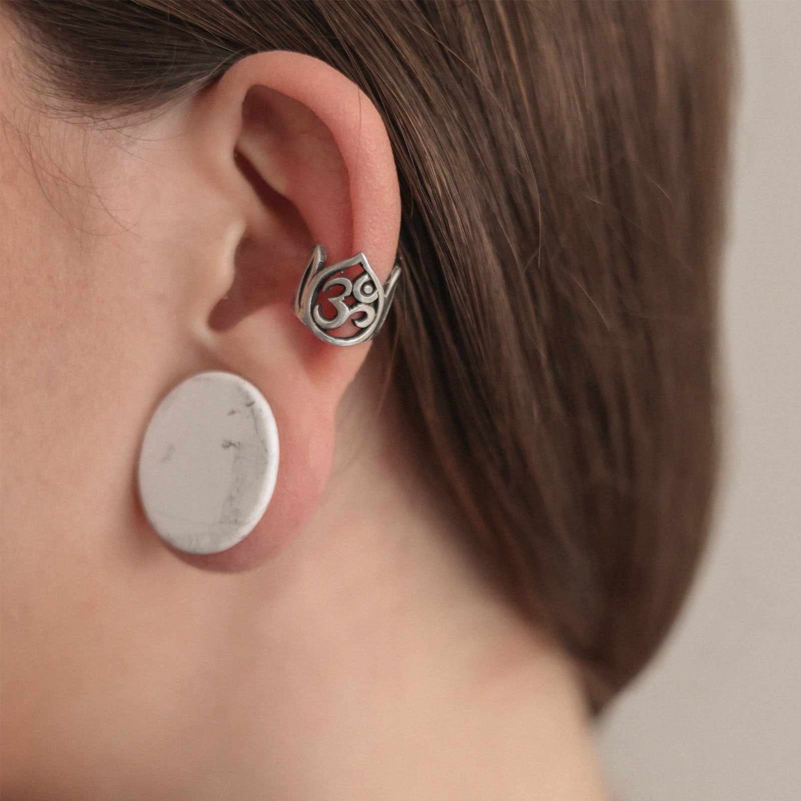 Om Mani White Brass Ear Cuff Model Shot
