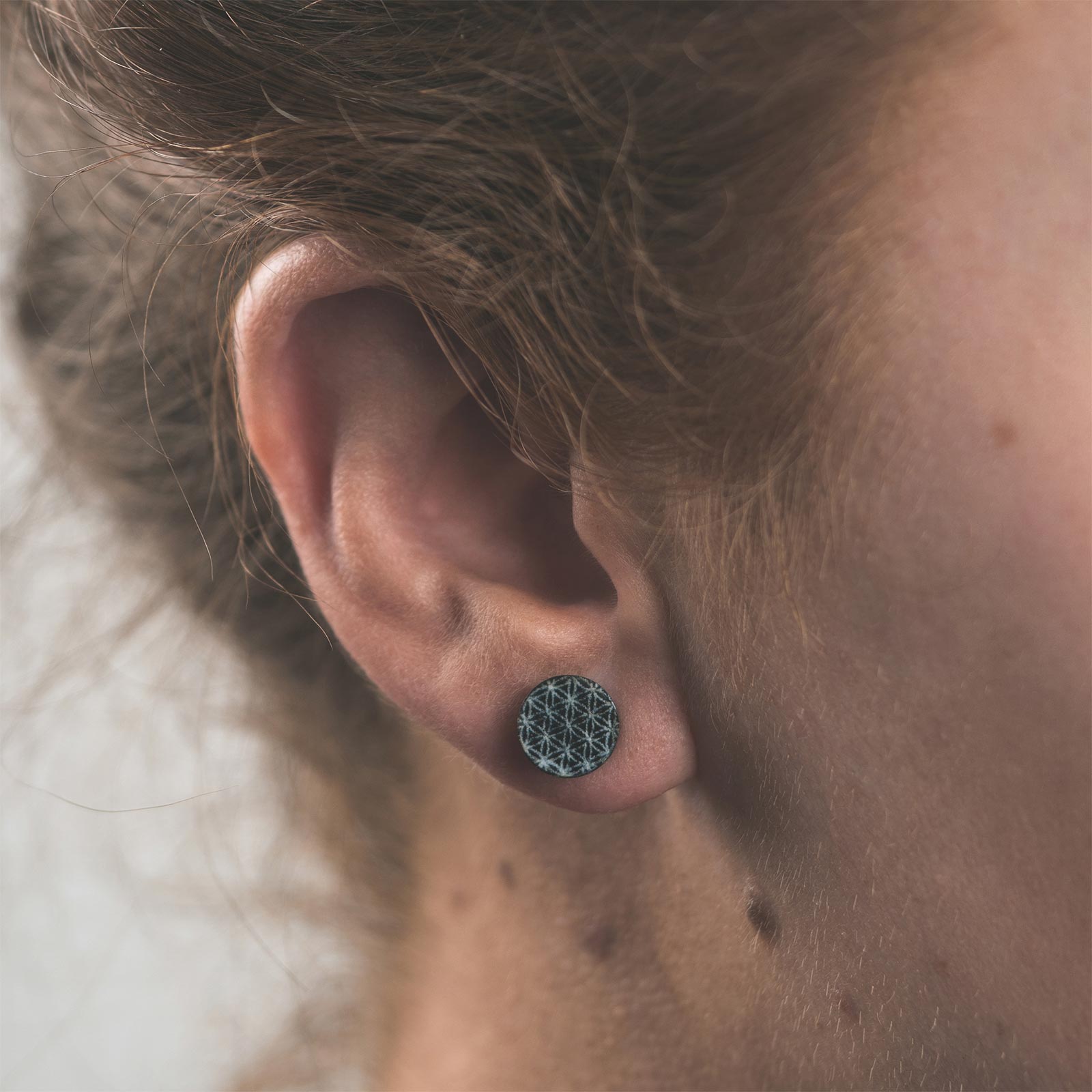 Palm Wood Fake Gauge Plug With Flower Of Life Bone Inlay Model Shot