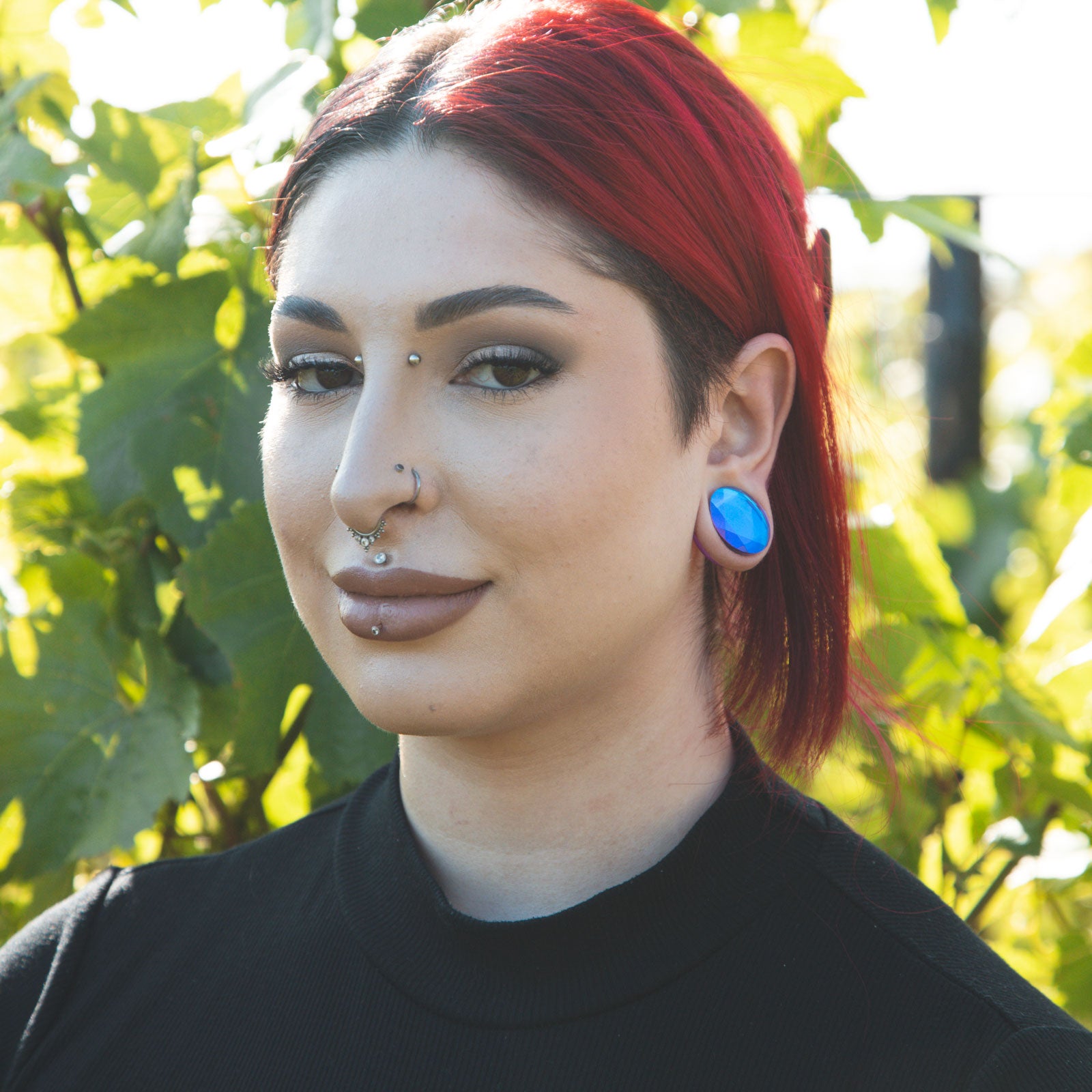 Purple Faceted Aurora Glass Double Flare Plug Model Shot