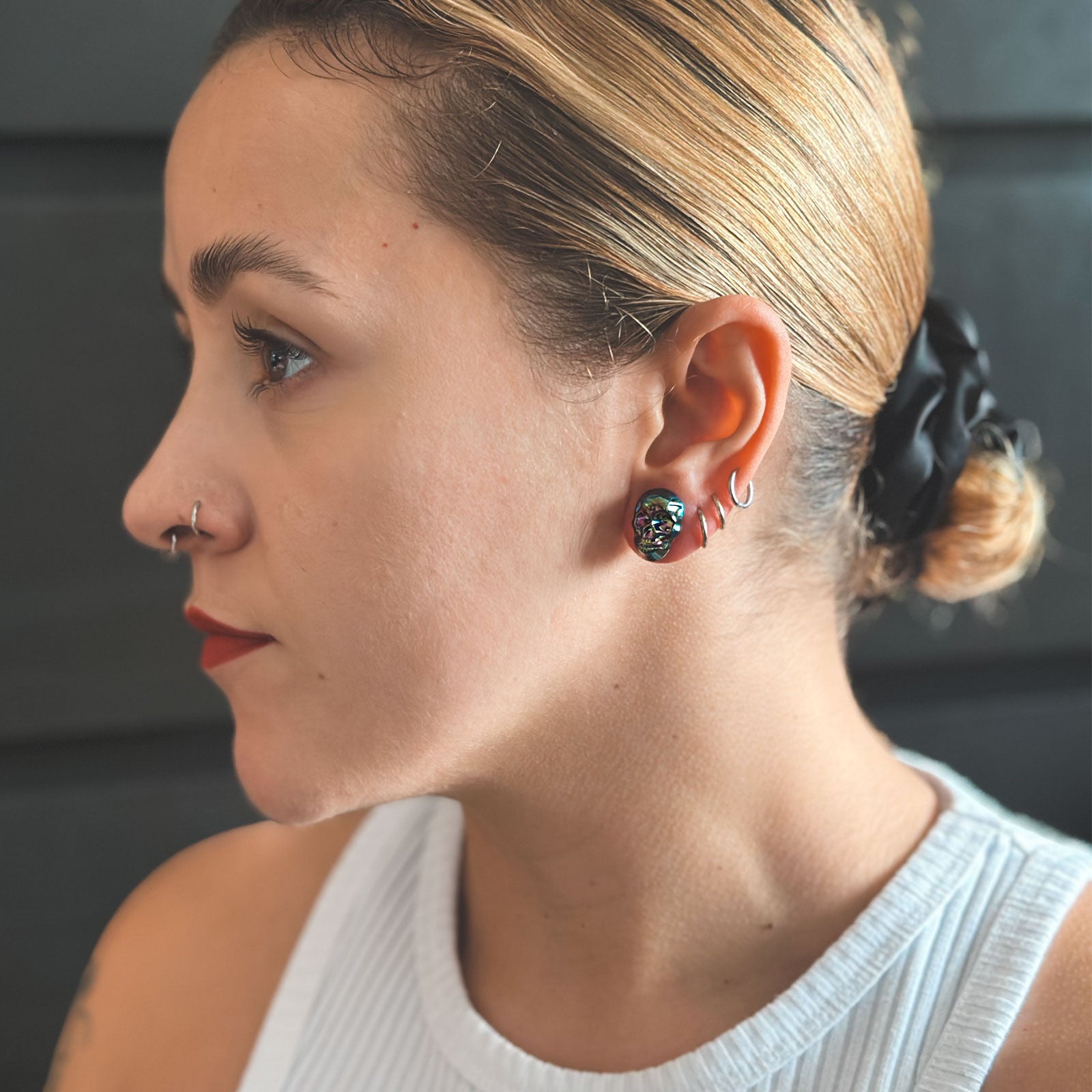 Rainbow Skull Glass Double Flare Plug Model Shot