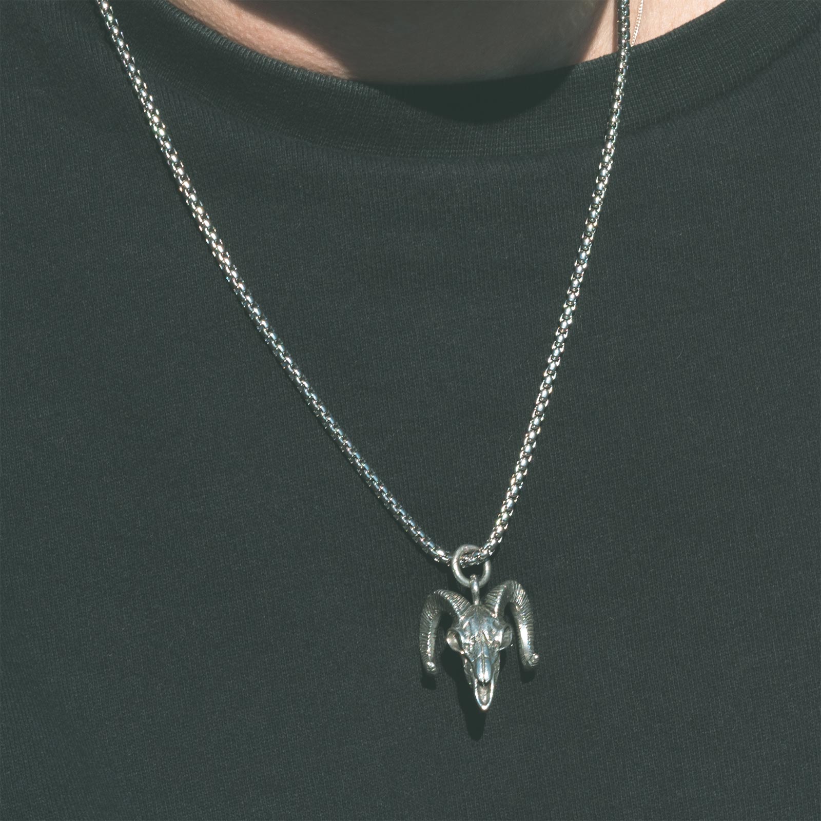 Ram Skull White Brass Pendant With Adjustable Cord Necklace Model Shot