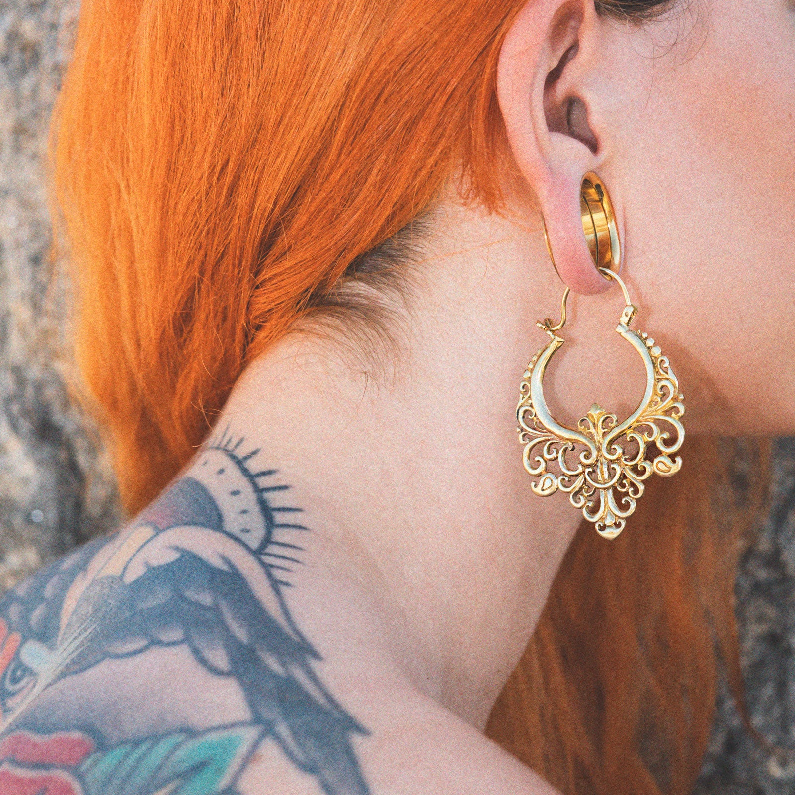 Regal Floral Brass Plug Hoops Model Shot Close Up