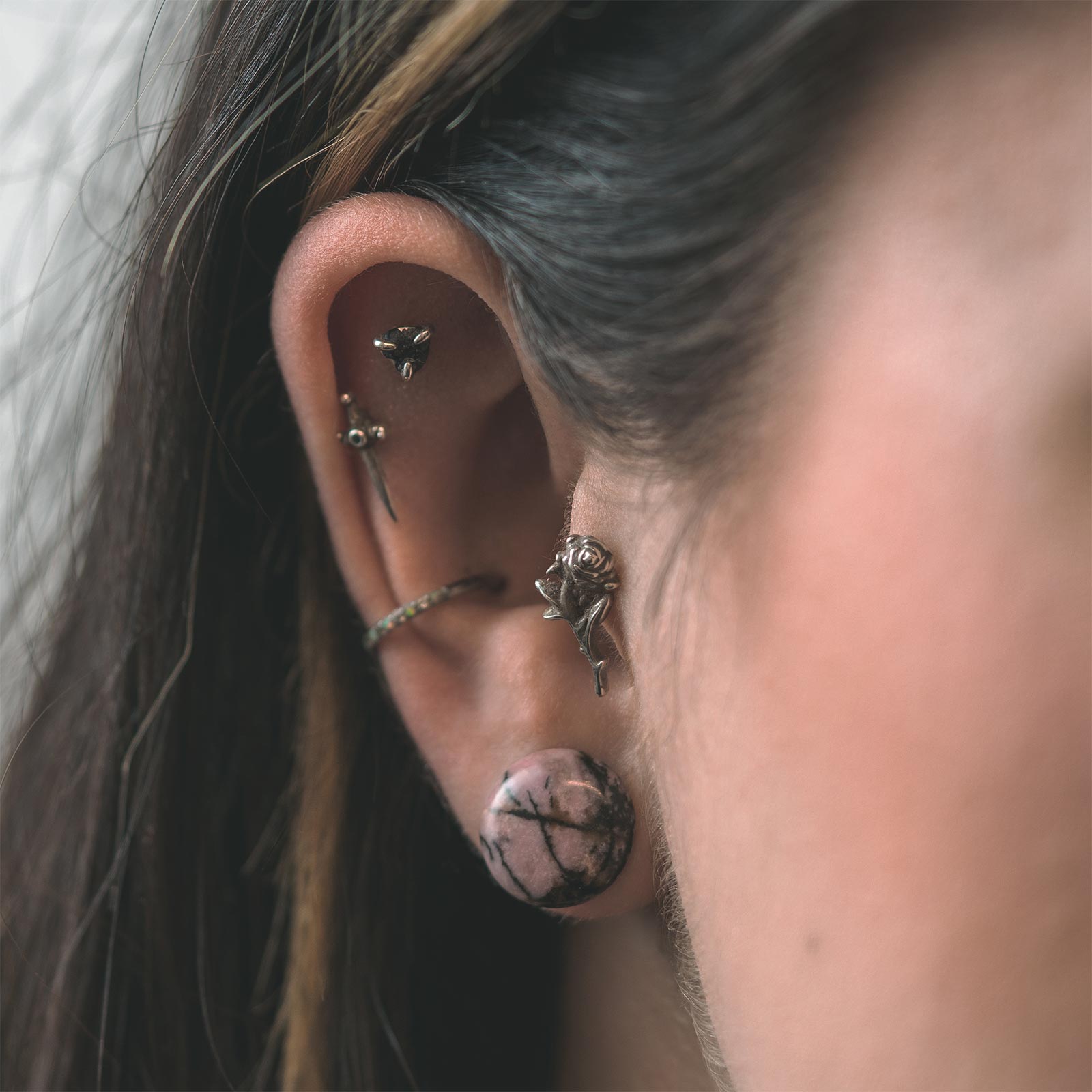 Rhodonite Single Flare Convex Stone Plug Model Shot