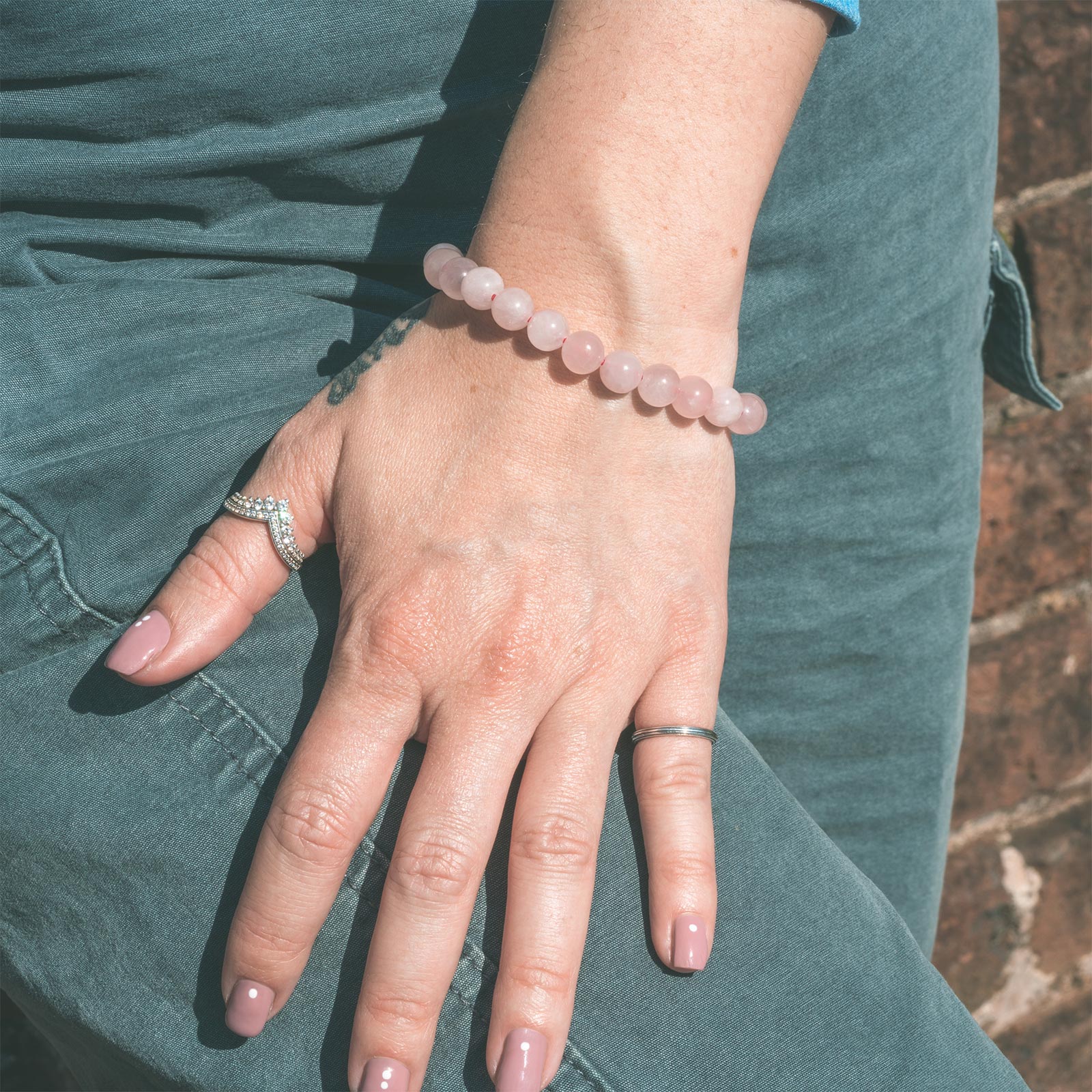 Rose Quartz Bead Stone Stretch Bracelet Model Shot