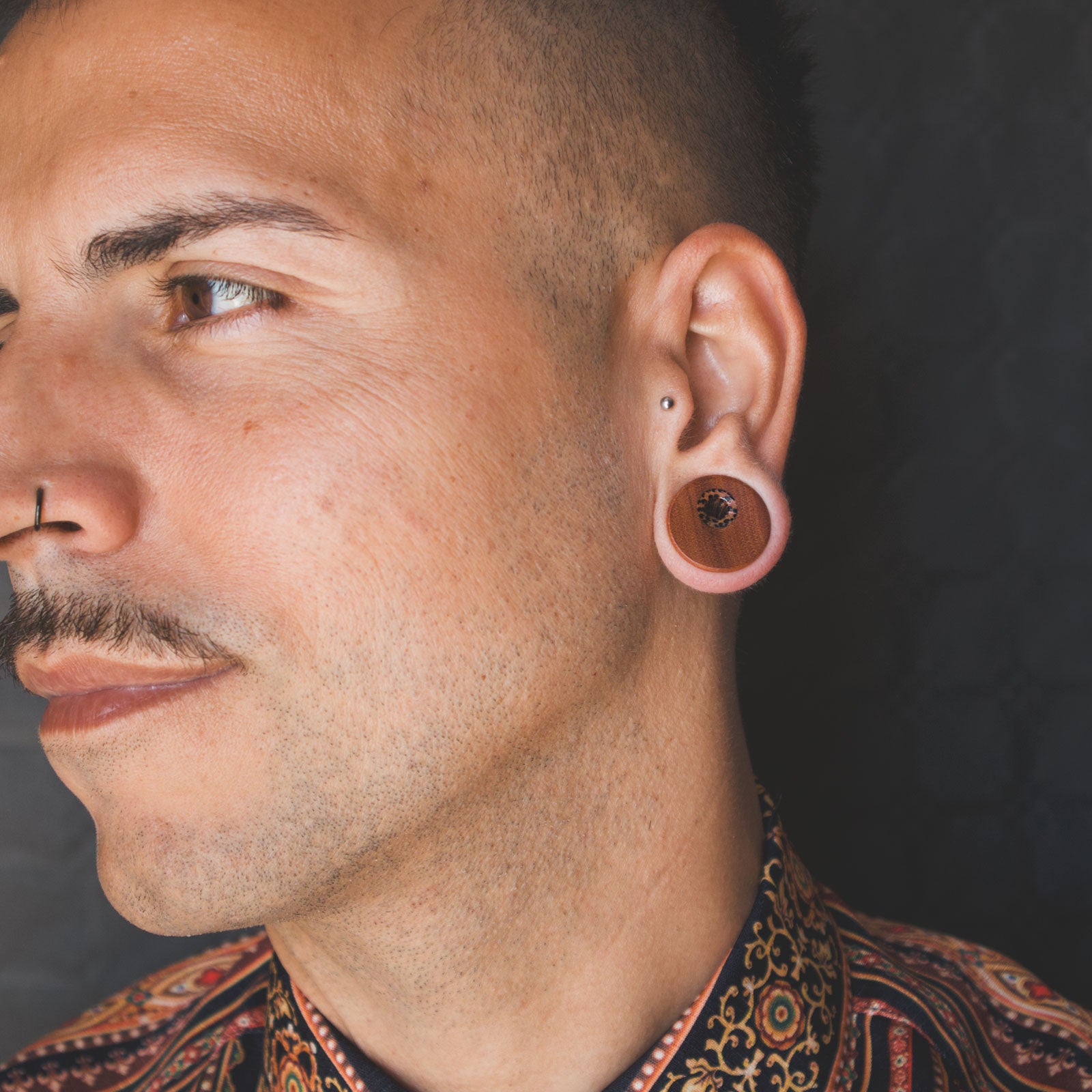 Saba Wood Double Flare Tunnel With Coconut Wood Offset Inlay Model Shot