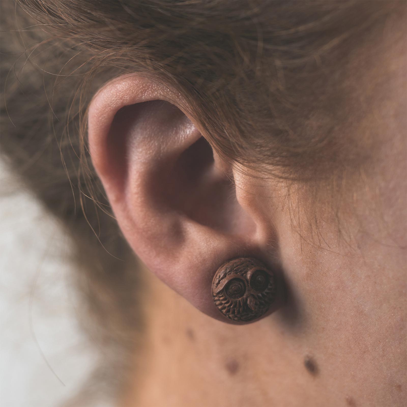 Saba Wood Fake Gauge Plug With Owl Carving Model Shot