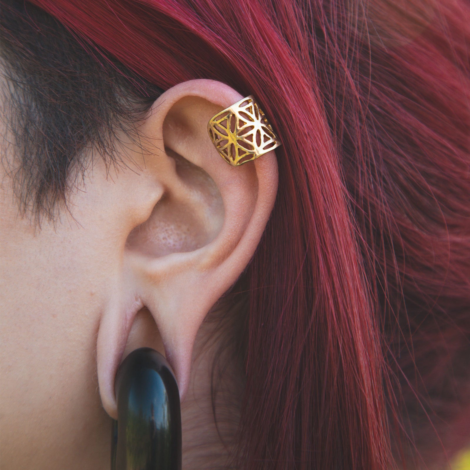 Seed Of Life Brass Ear Cuff Model Shot