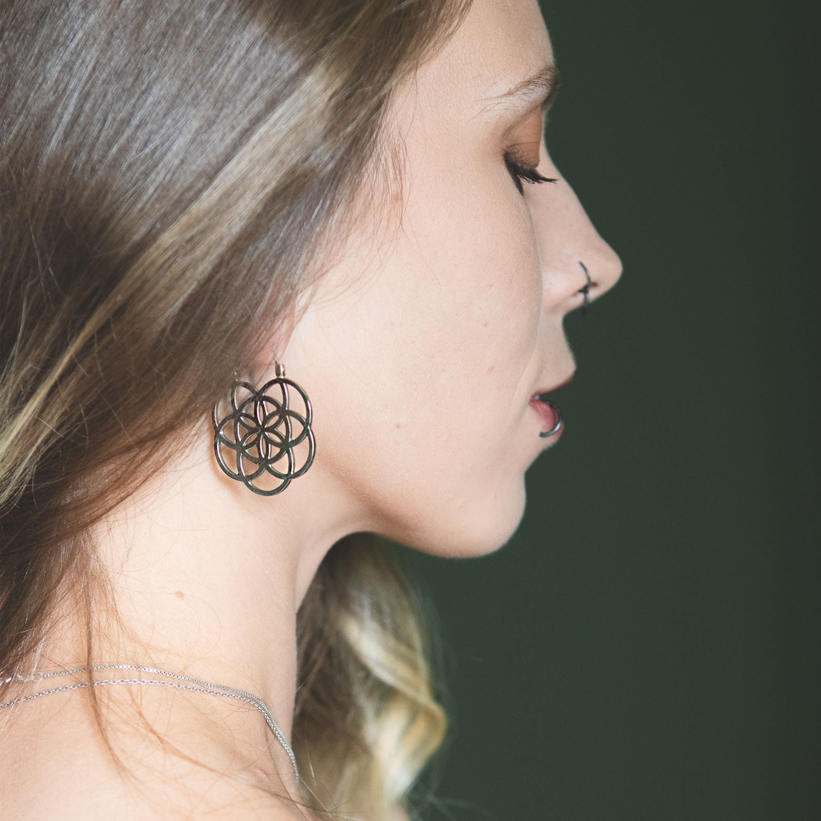 Seed Of Life White Brass Mini Plug Hoops Model Shot