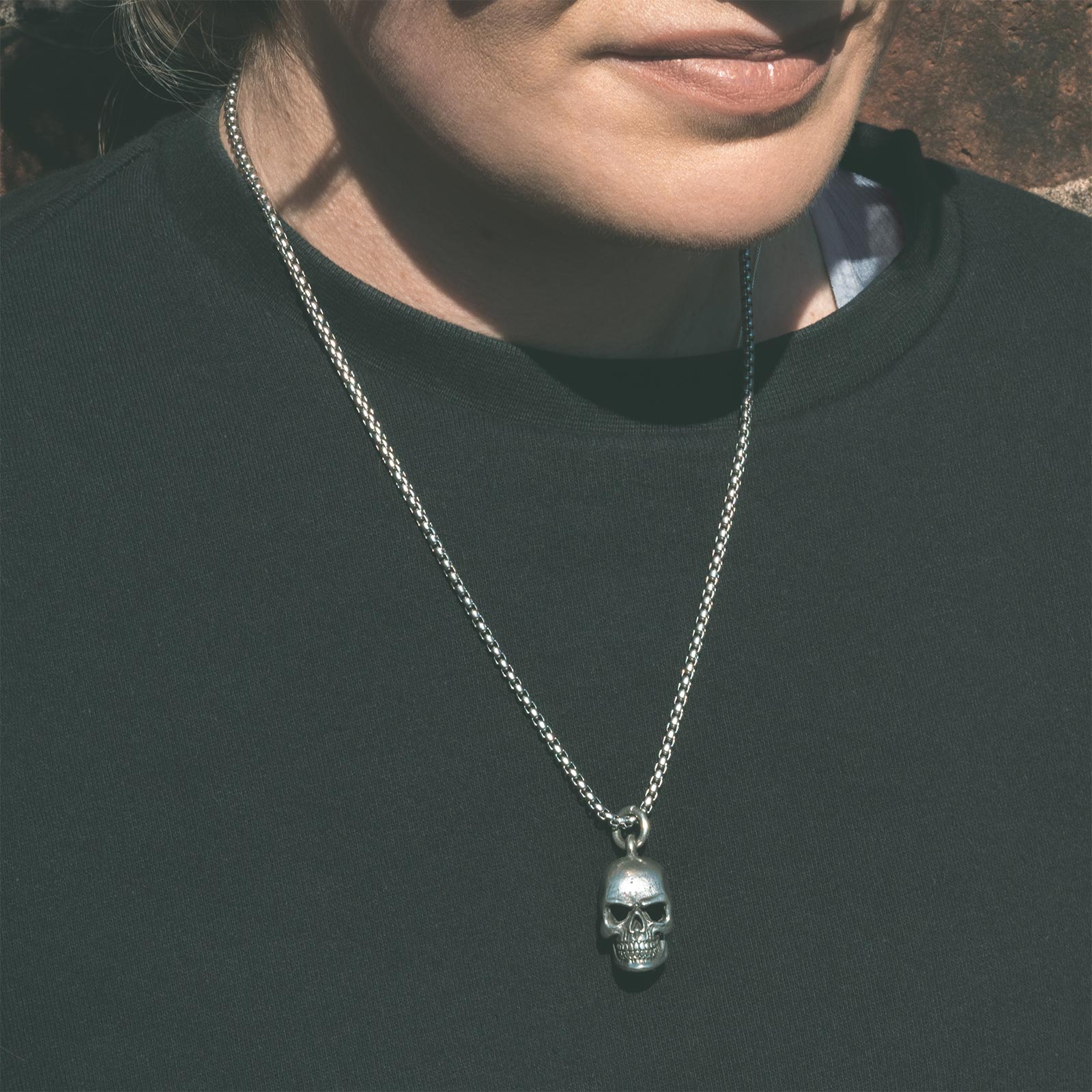 Skull White Brass Pendant With Adjustable Cord Necklace Model Shot