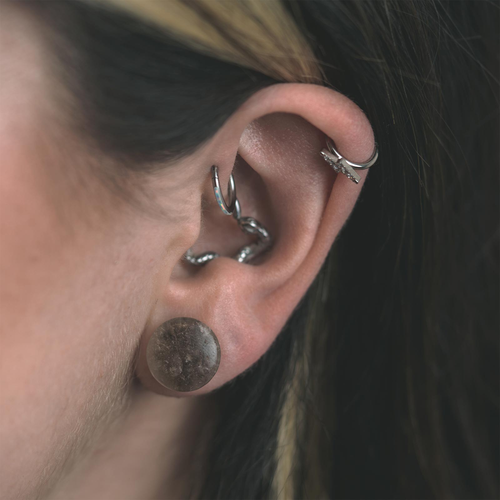 Smokey Quartz Single Flare Convex Stone Plug Model Shot