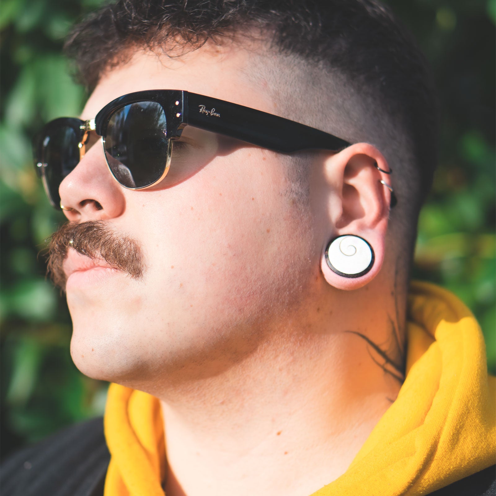 Sono Wood Double Flare Convex Plug With Shiva Eye Inlay Model Shot