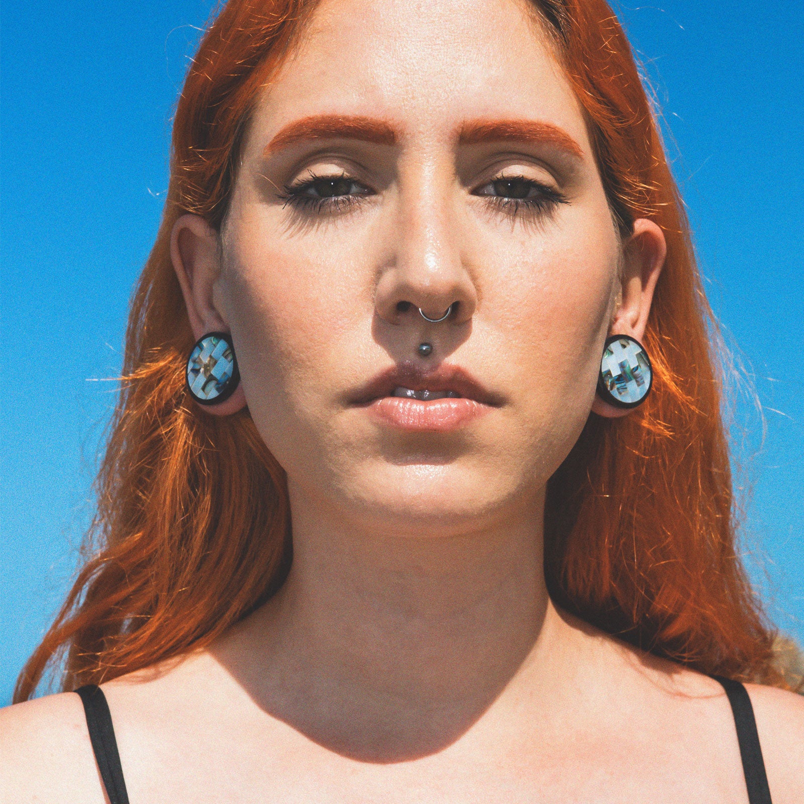 Sono Wood Double Flare Plug With Abalone Shell & MOP Mosaic Inlay Model Shot