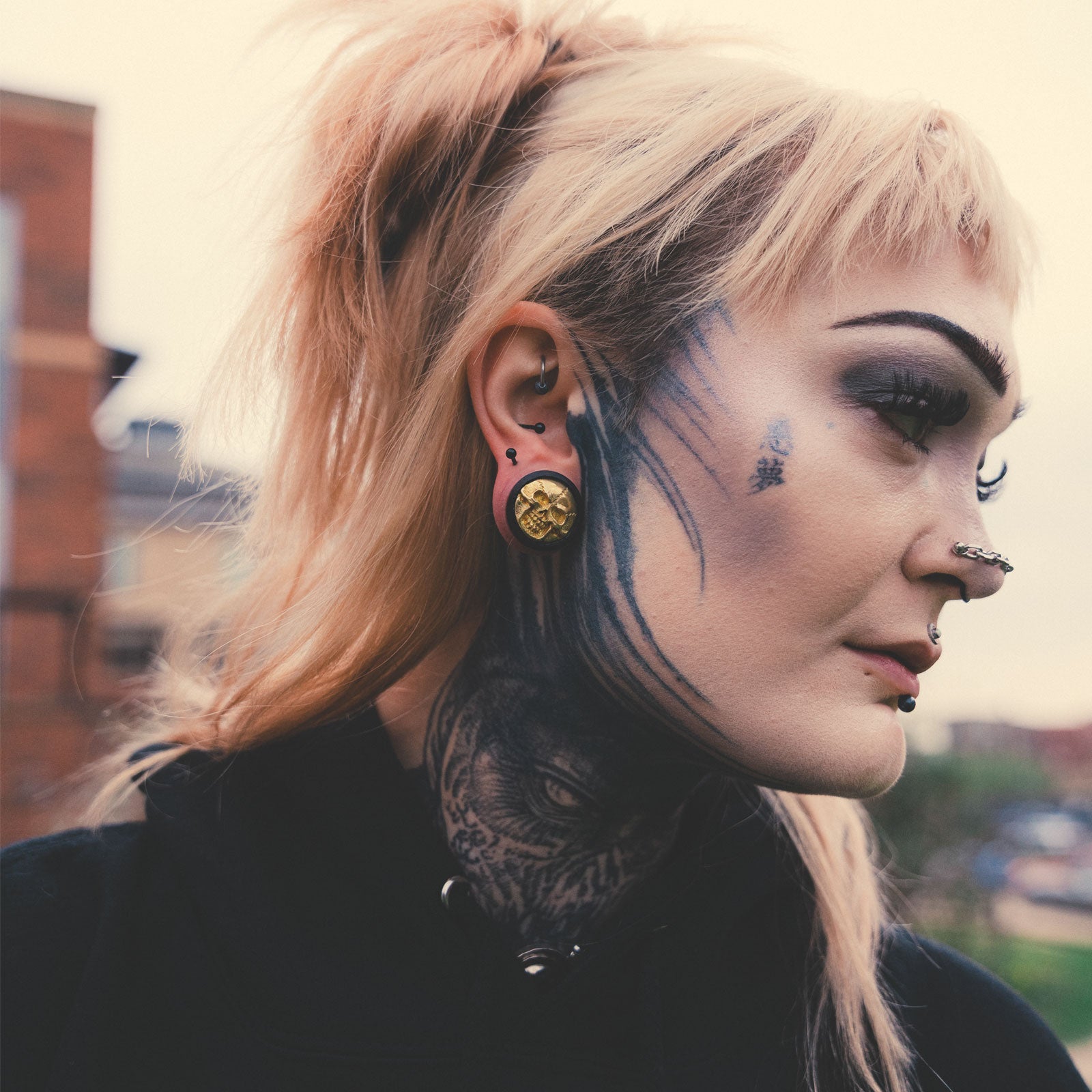 Sono Wood Double Flare Plug With Brass Skull Inlay Model Shot