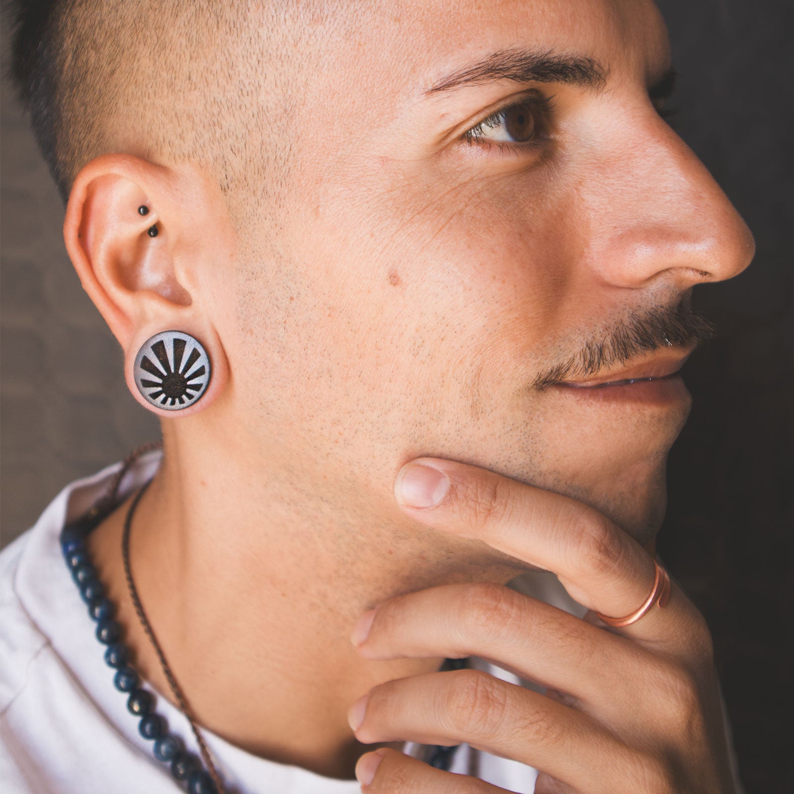 Sono Wood Double Flare Plug With Laser Engraved Sunrise Model Shot