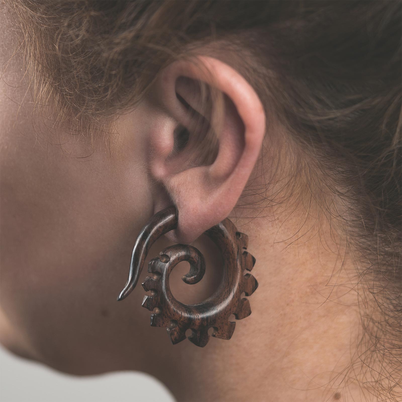 Sono Wood Fake Gauge Spiral With Dragons Tail Carving Model Shot