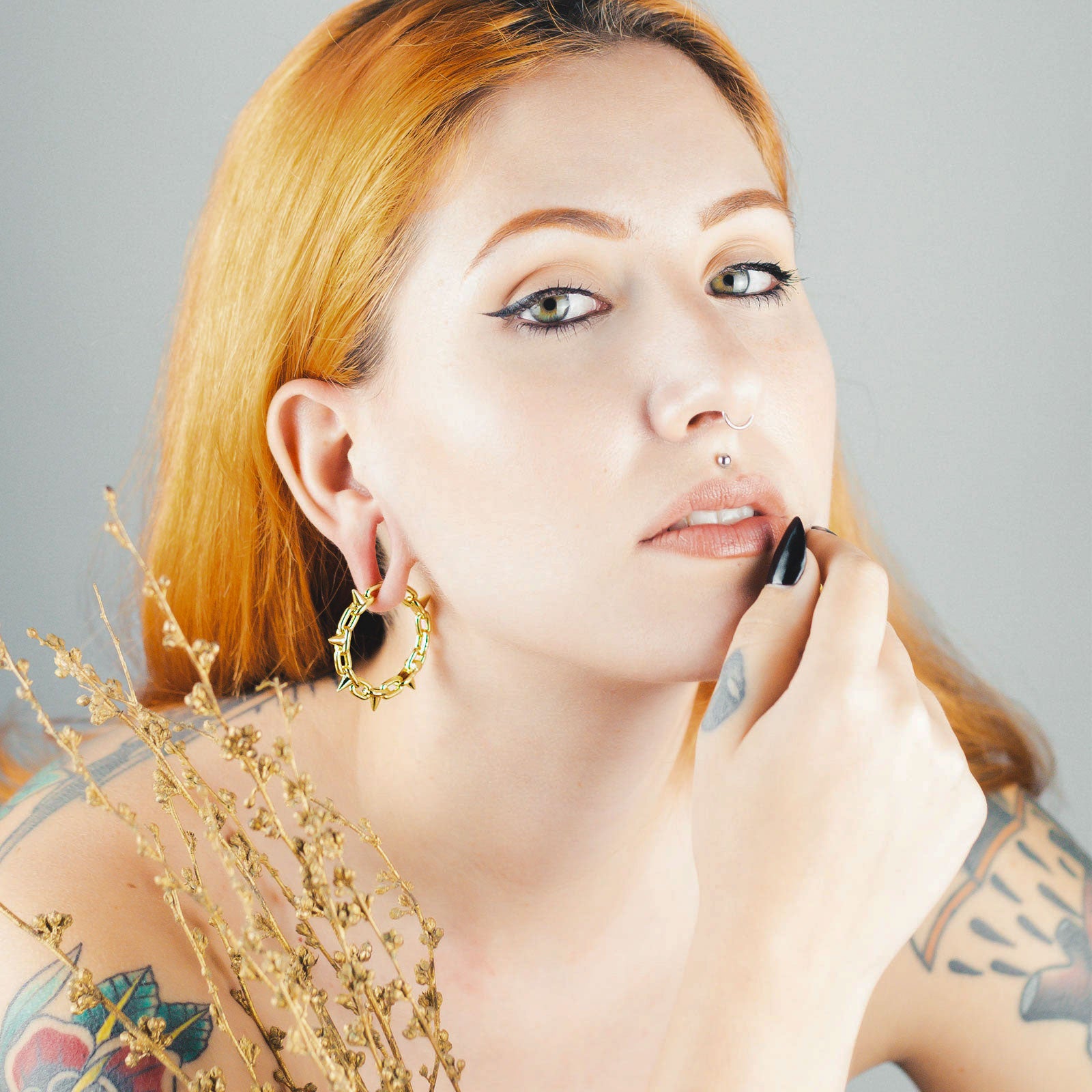 Spike Chain Hoop Gold PVD Ear Weight Model Shot