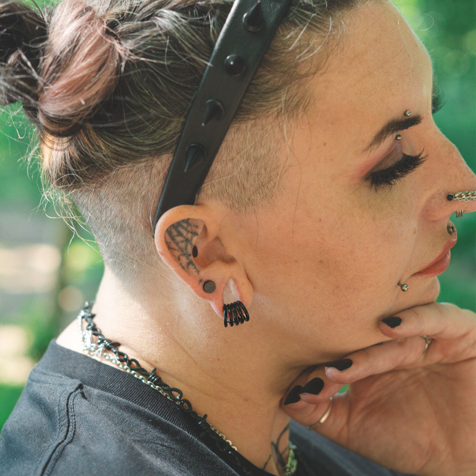 Stacked Ring Black PVD Hinged Ear Weight Model Shot