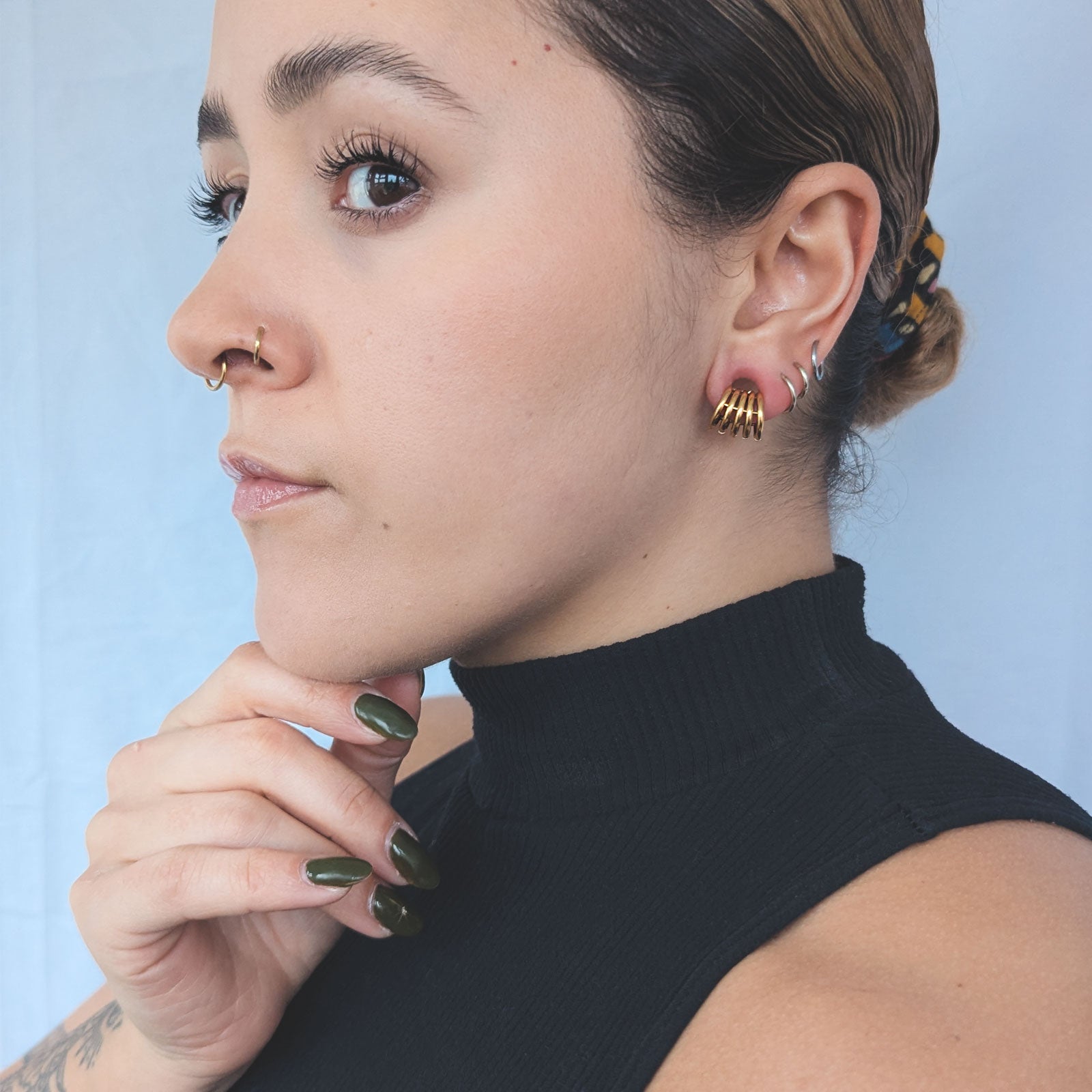 Stacked Ring Gold PVD Hinged Ear Weight Model Shot