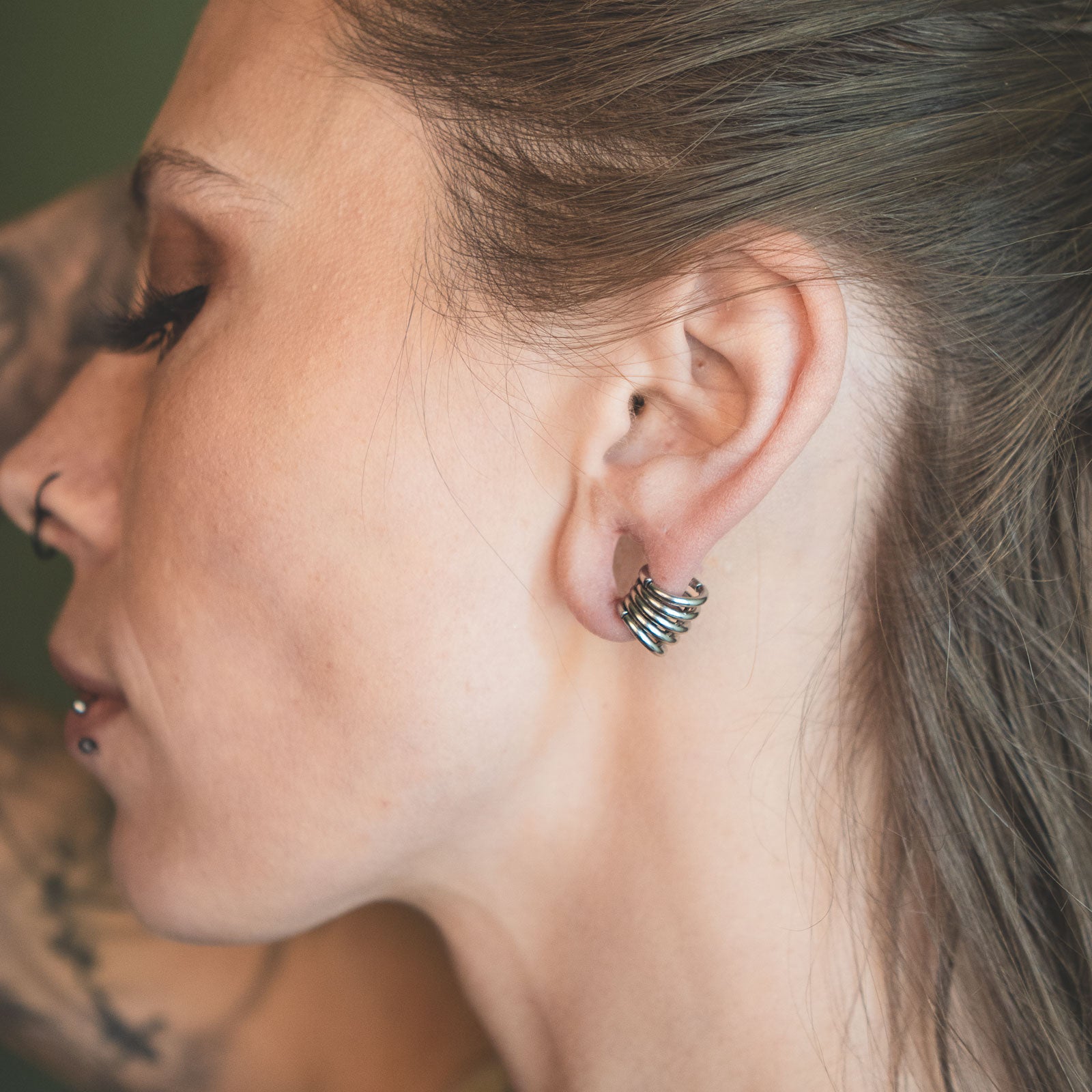 Stacked Ring Surgical Steel Hinged Ear Weight Model Shot