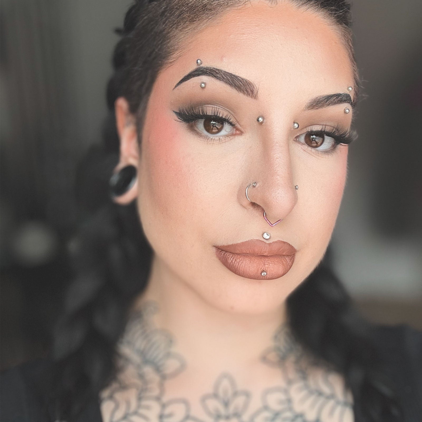 Teardrop Inlaid Rose Pink Synth Opal Titanium Septum Clicker Model Shot