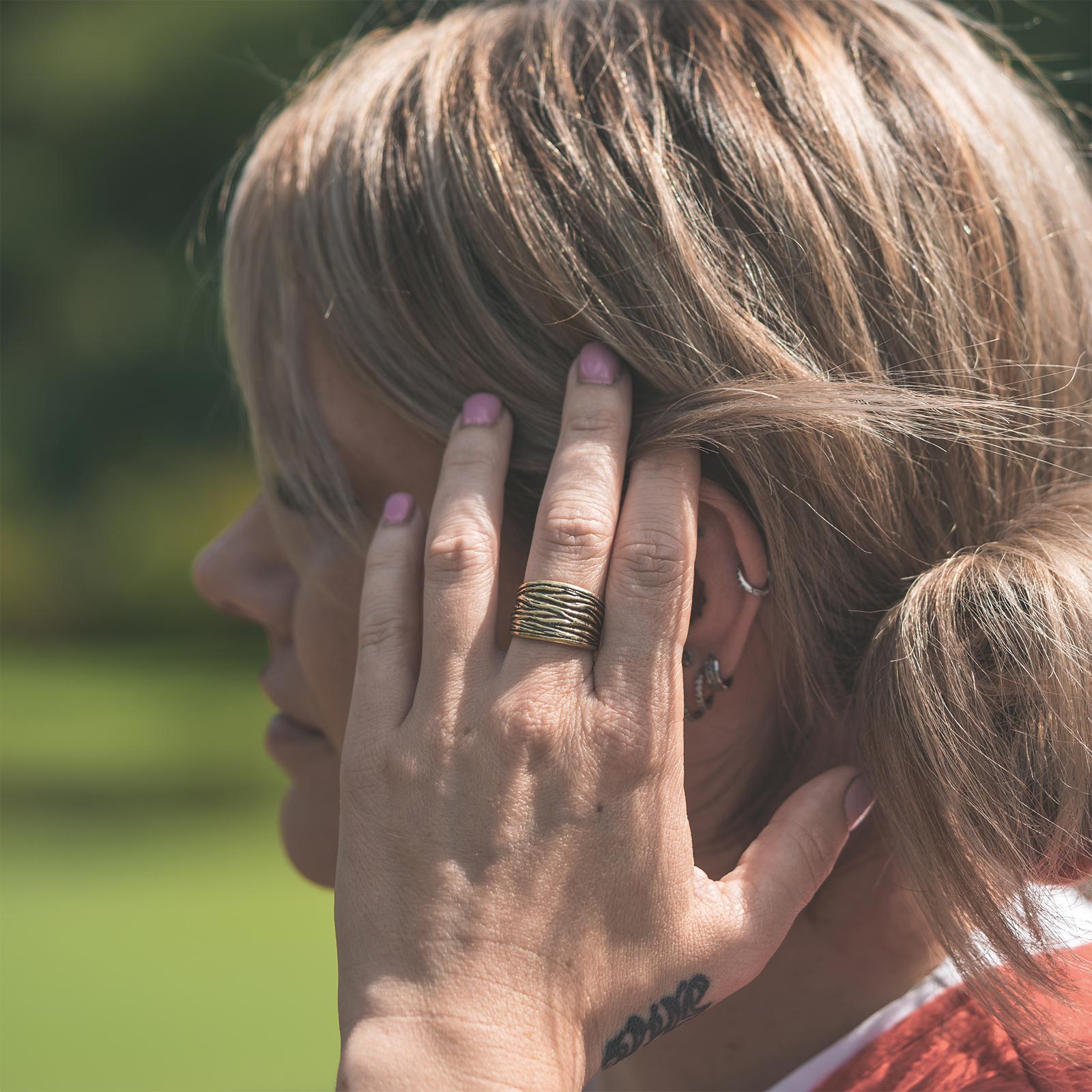 Textured Tree Bark Brass Ring Model Shot