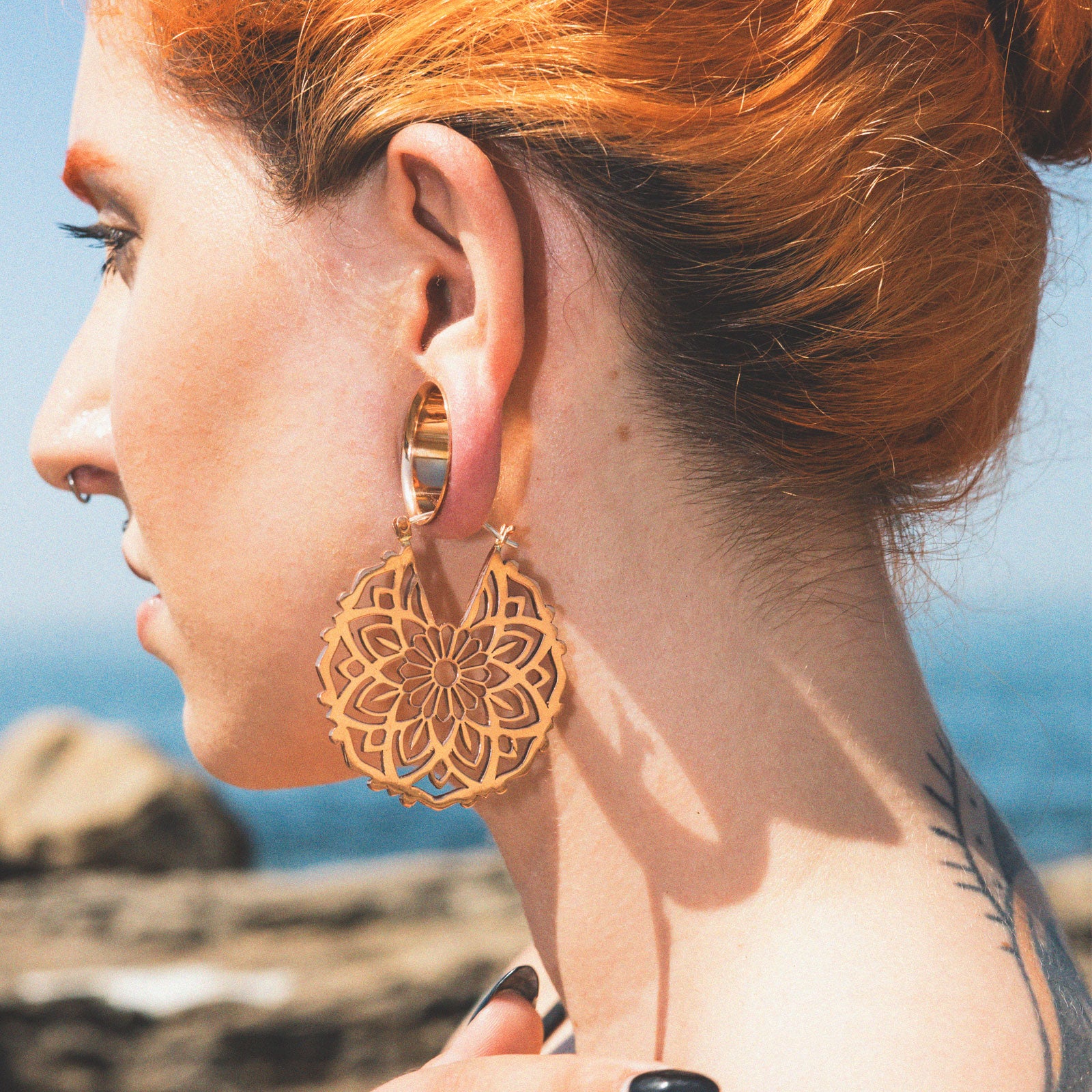 Tribal Flower Copper & Silver Plug Hoops Model Shot