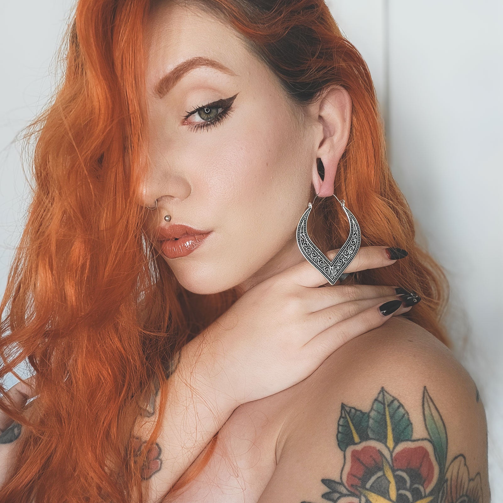 Tribal Swirl Antique Silver Plug Hoops Model Shot