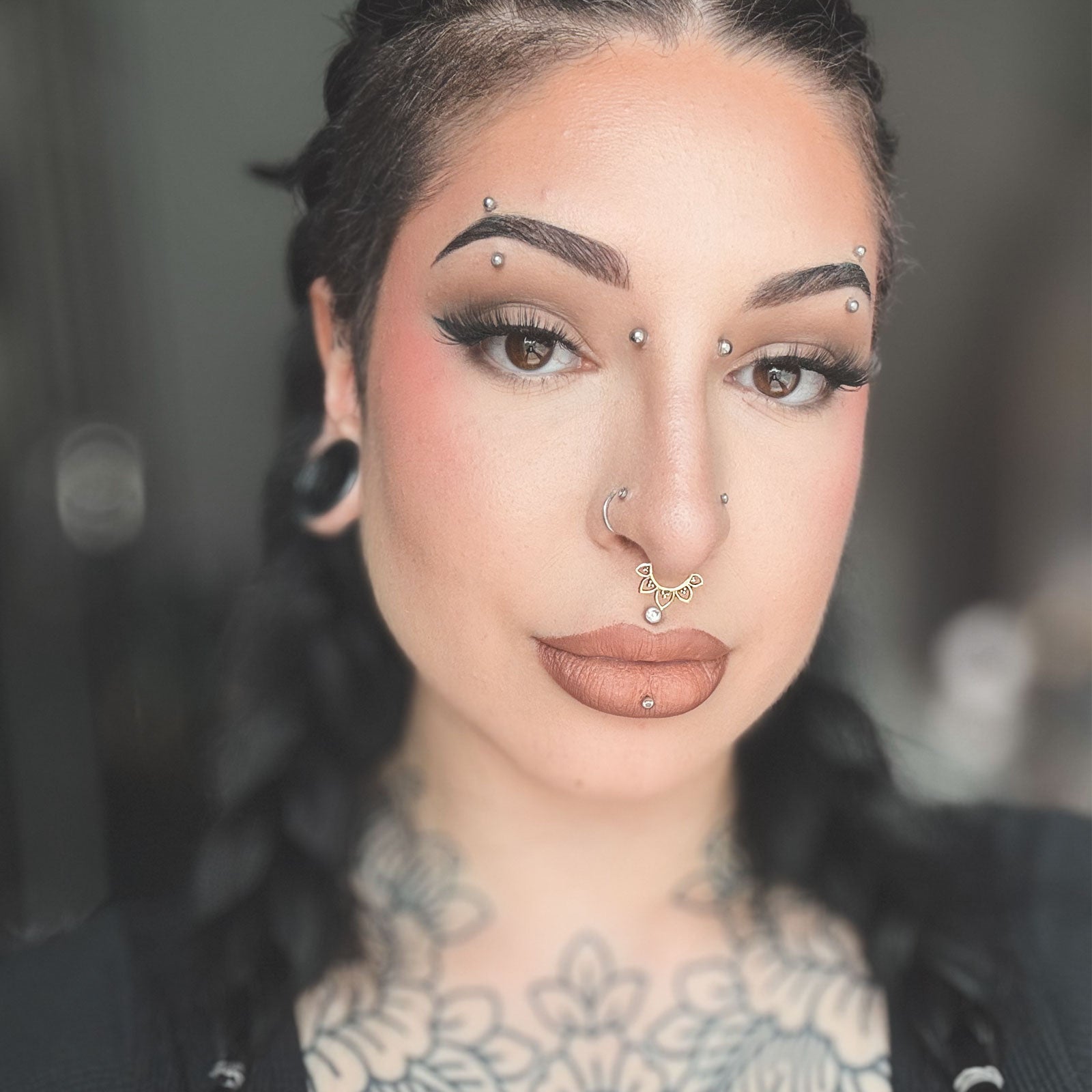 Trio Dot Lotus Brass Seamless Septum Ring Model Shot