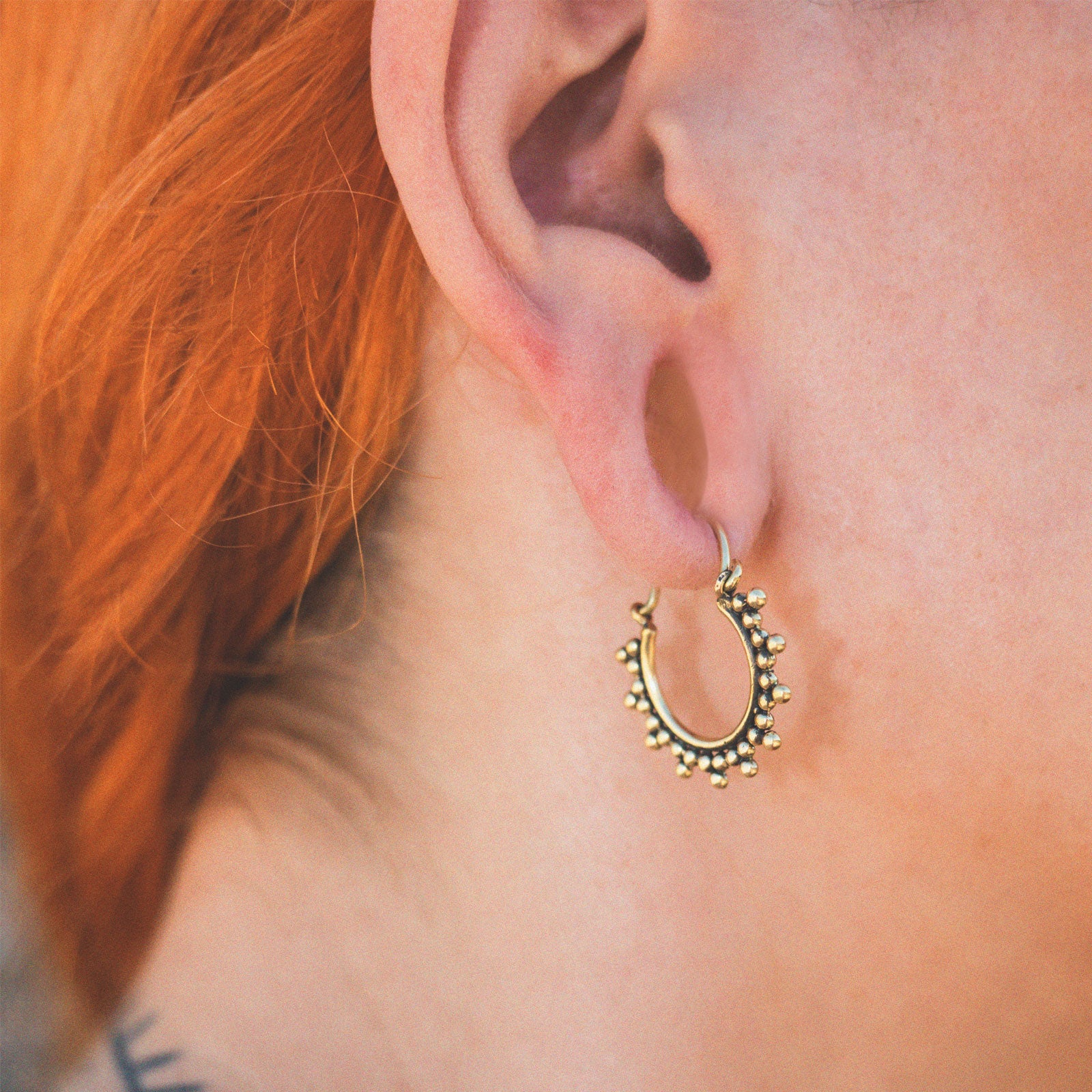 Trio Of Dots Brass Mini Plug Hoops Model Shot