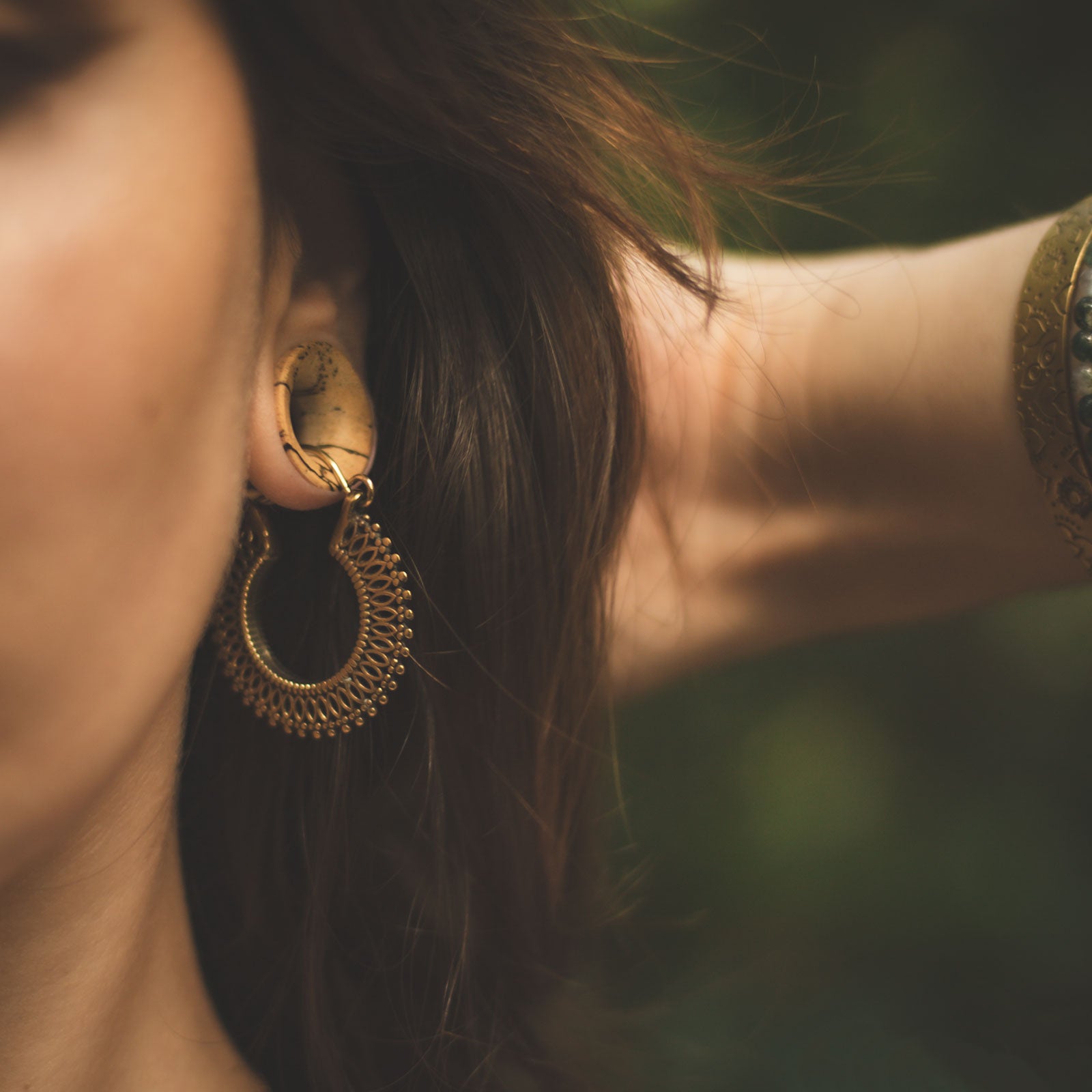 Triple Dot Lace Brass Plug Hoops Model Shot