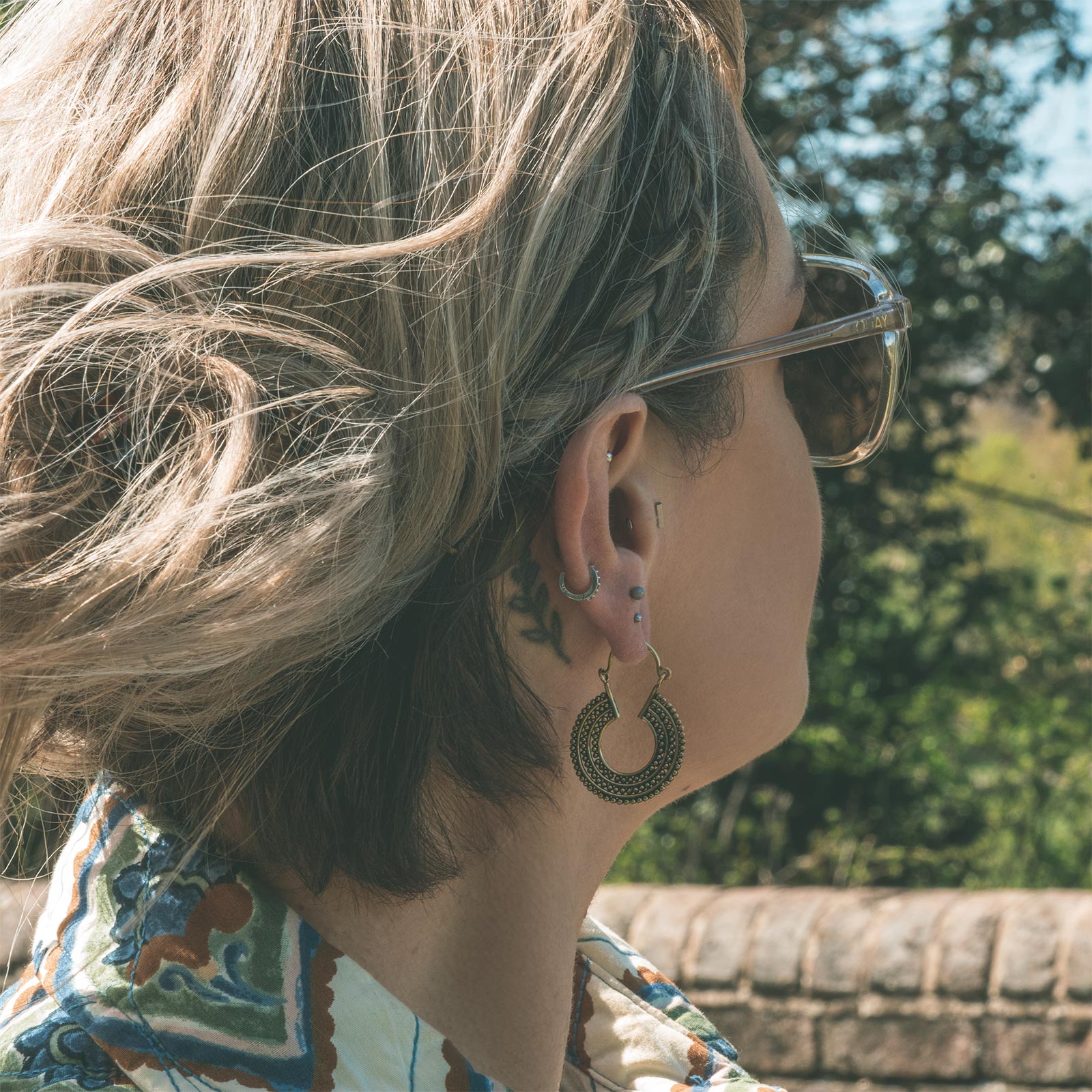 Triple Layered Dots Tribal Brass Mini Plug Hoops Model Shot