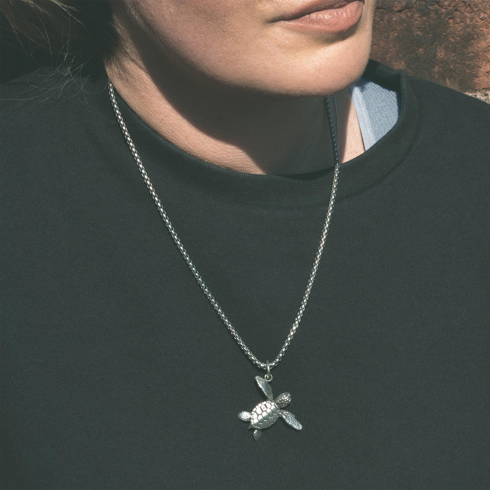 Turtle White Brass Pendant With Adjustable Cord Necklace Model Shot