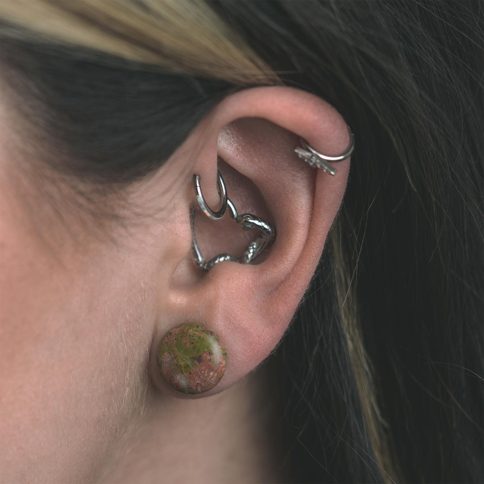 Unakite Single Flare Convex Stone Plug Model Shot